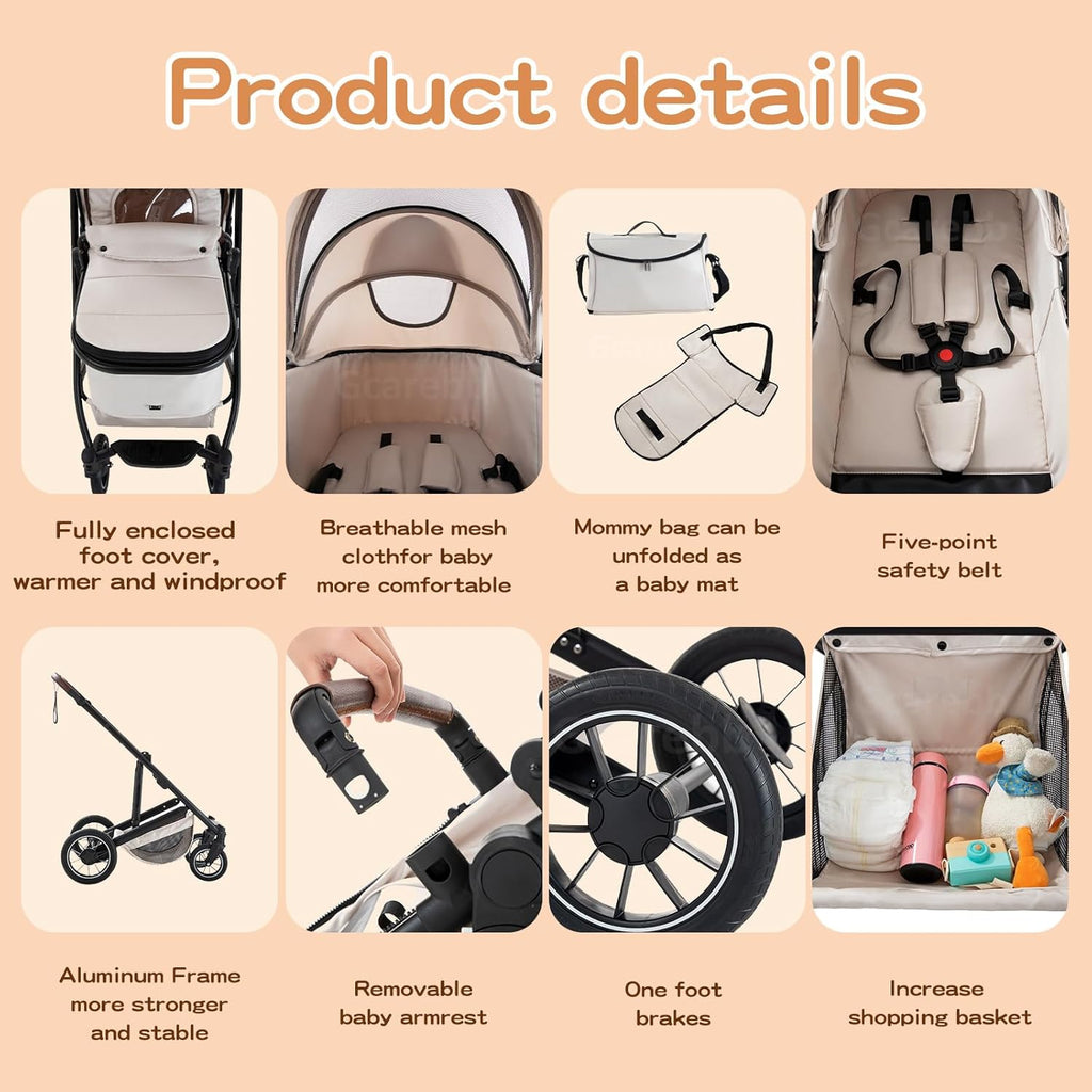 Gcarebb Passeggino 3 in 1, Buggy con Ovetto, Set Completo Passeggino Regolabile in Altezza, Passeggino Combinato con Telaio in Alluminio per Neonati 0-4 Anni