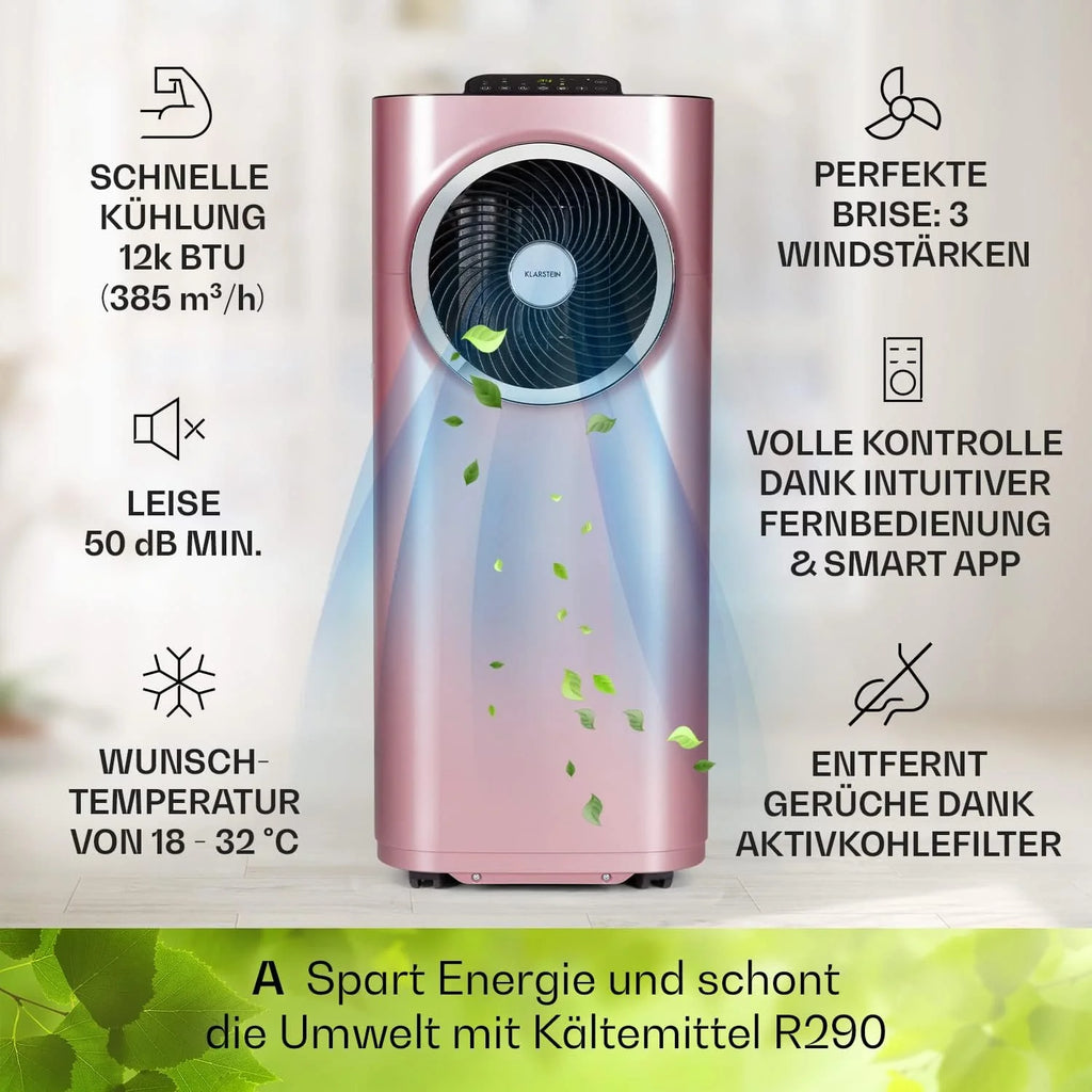 Klarstein Condizionatore Portatile 5-in-1 con Tubo di Scarico, Ventilatore, Deumidificatore, Purificatore d'Aria e Modalità Notturna, Controllo tramite App, Piccolo e Portatile, per Casa e Ufficio, 12000 BTU