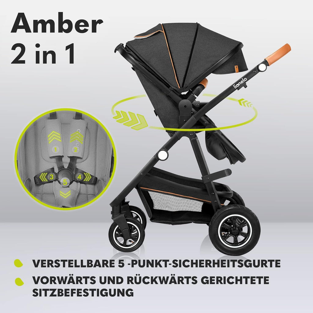 LIONELO Amber Kinderwagen 2 in 1 Kombikinderwagen, Kinderwagen Set mit sportlichen Sitz und fester Babywanne, Tasche, Moskitonetz, Abdeckung Regenblatt (Graphit)