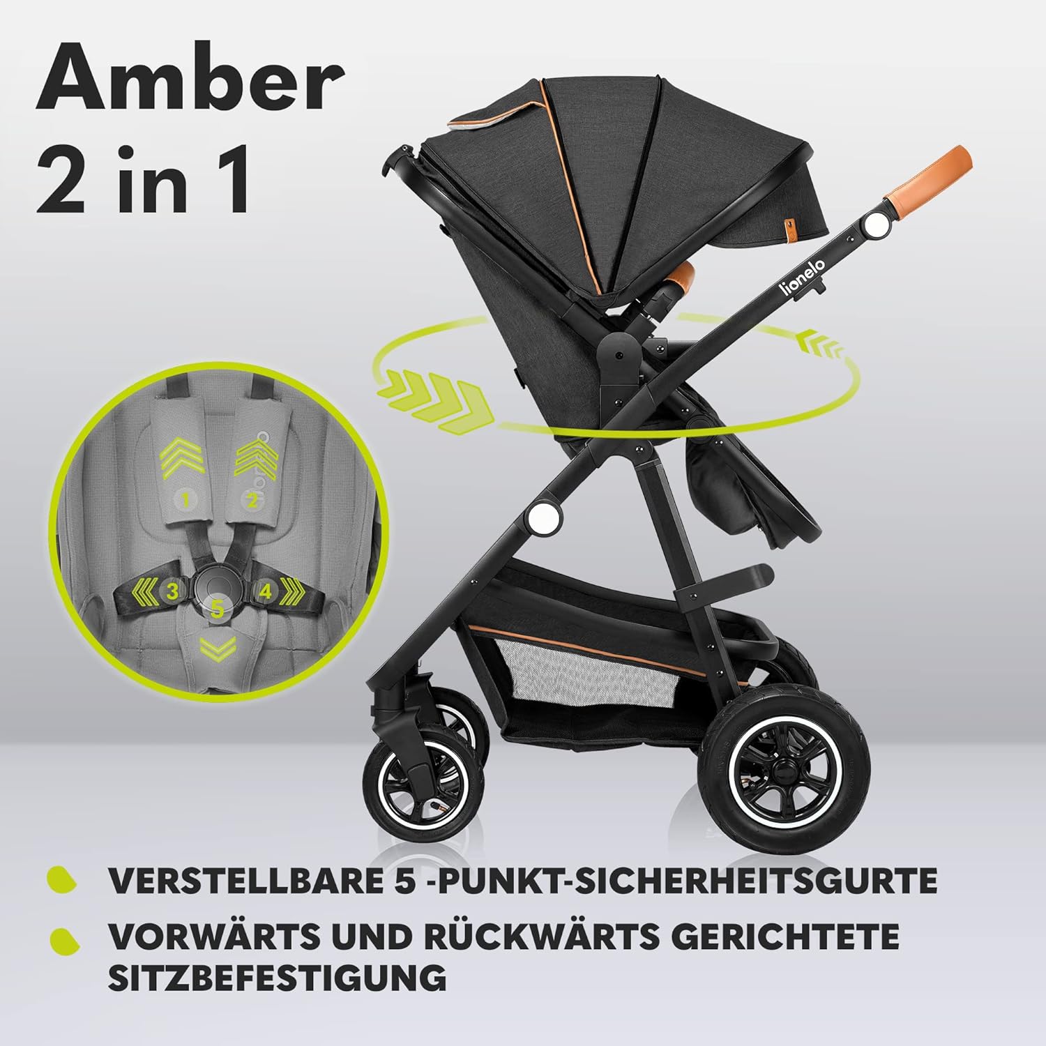 LIONELO Amber Kinderwagen 2 in 1 Kombikinderwagen, Kinderwagen Set mit sportlichen Sitz und fester Babywanne, Tasche, Moskitonetz, Abdeckung Regenblatt (Graphit)