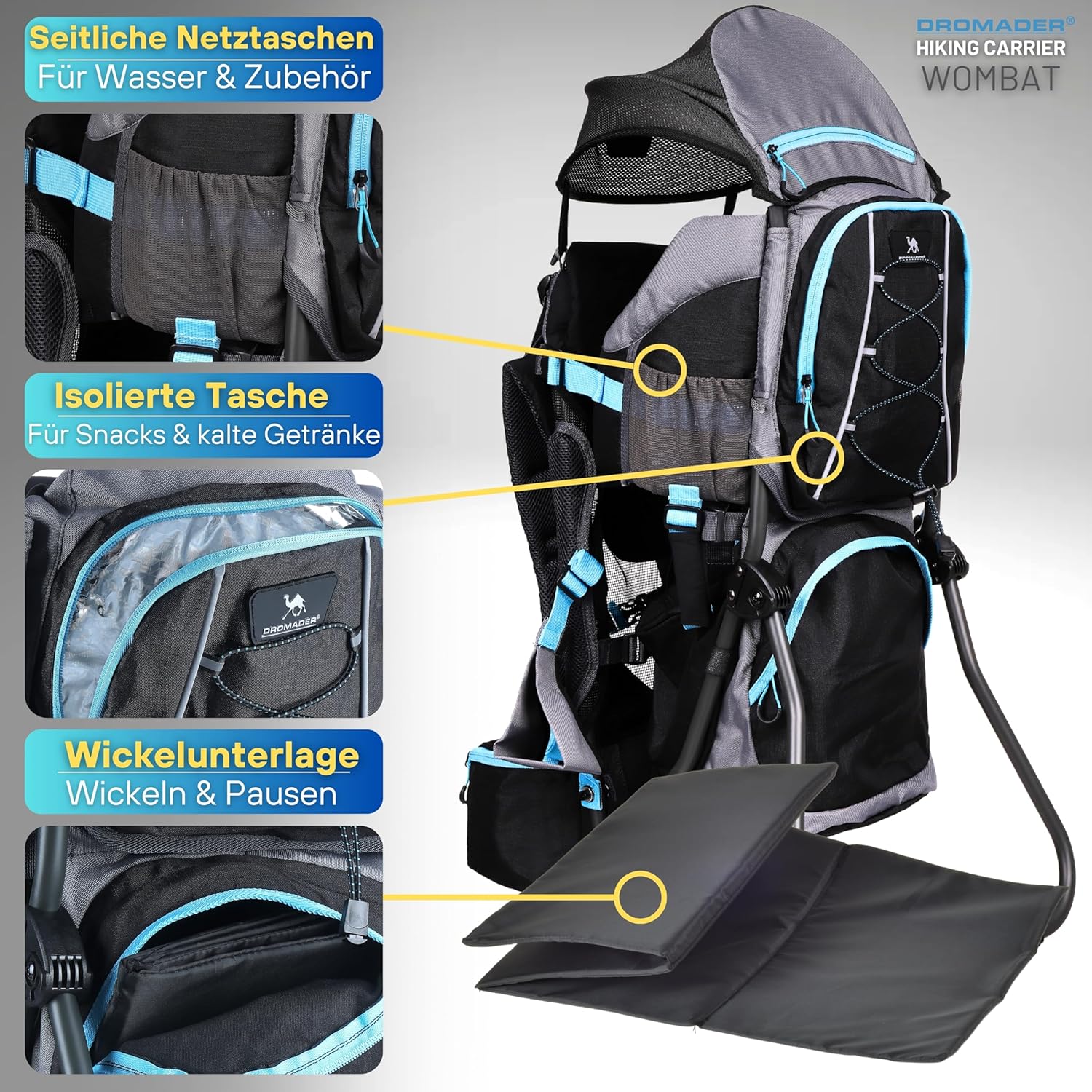 Dromader Kraxe Kindertrage bis 22kg – Kindertrage Wandern mit Sonnendach, Regenschutz, Thermotasche, Wickelmatte – Einhändig klappbare Rahmen – Blau
