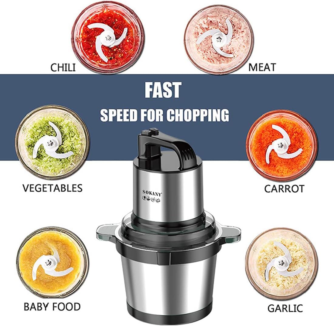 SOKANY Tritacarne Elettrico da Cucina 1500W con Ciotola in Acciaio Inox da 6,5L, Tritatutto con 3 Livelli di Velocità, Robot da Cucina con 4 Lame per Carne, Cipolle, Frutta, Verdura