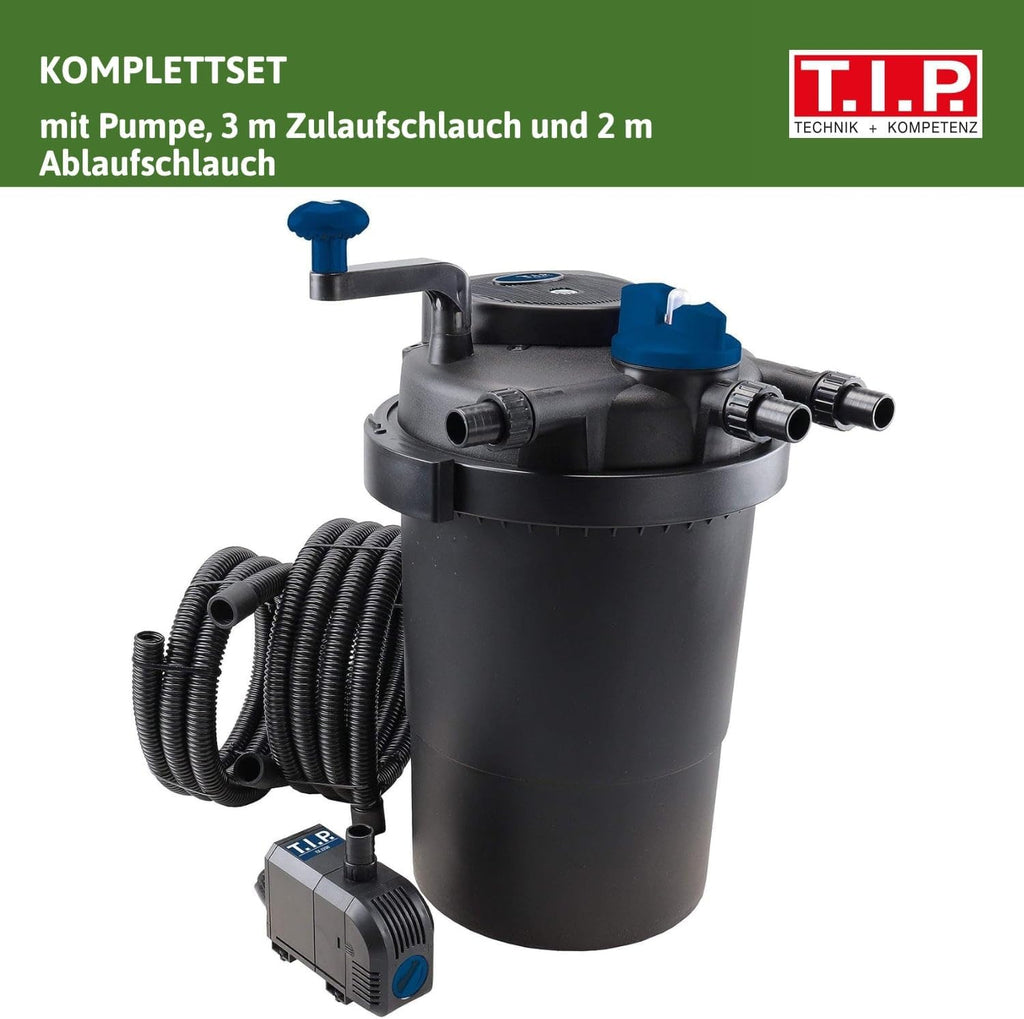T.I.P. Filtro per laghetto - Set filtro a pressione per laghetto (capacità laghetto 5.000 l, portata 1.500 l/h, UV-C 9 Watt, funzione di controlavaggio integrata, inclusa pompa, lampada UV-C, tubi flessibili, materiale filtrante) TFP 5000 UV 9, 30297