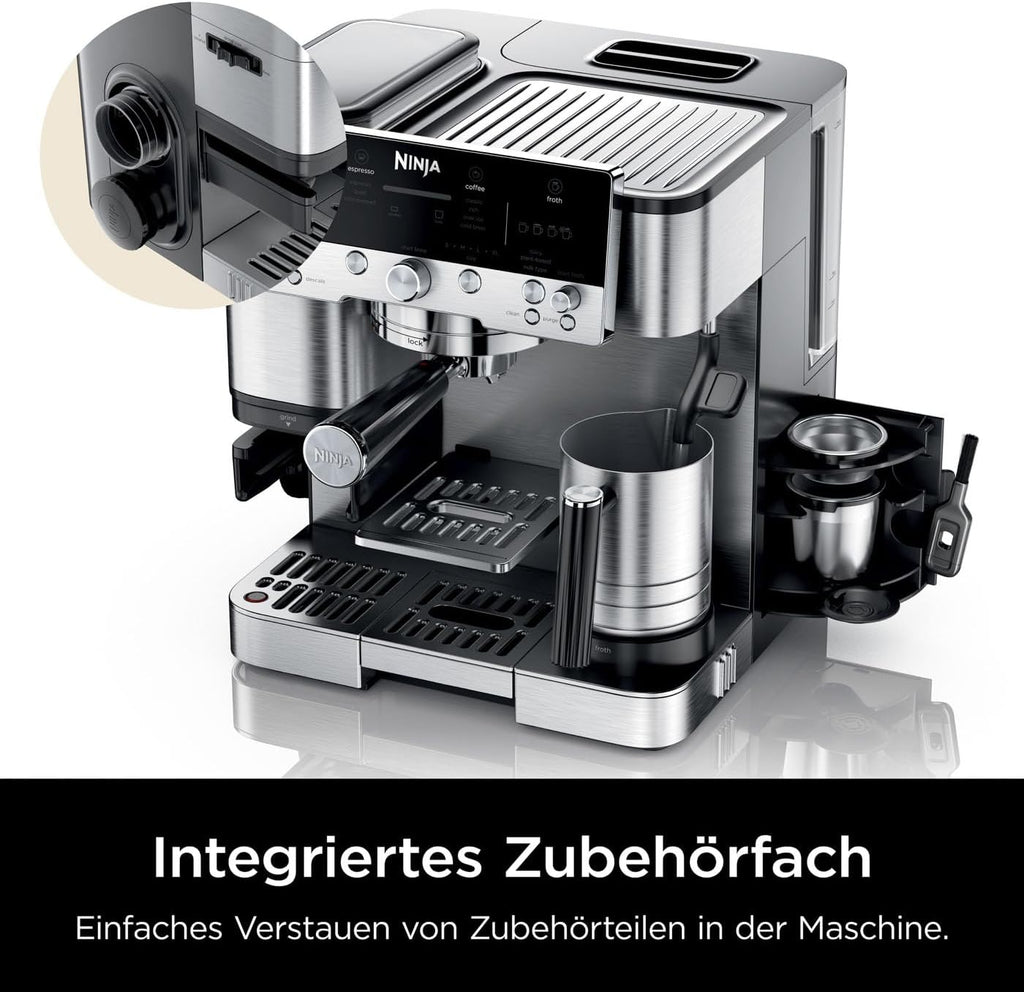 Ninja Luxe Essential Macchina da caffè 2-in-1 con macinacaffè e montalatte per latte, cappuccino ed espresso, facile da usare, 2 impostazioni predefinite per la schiuma, argento, ES501EU