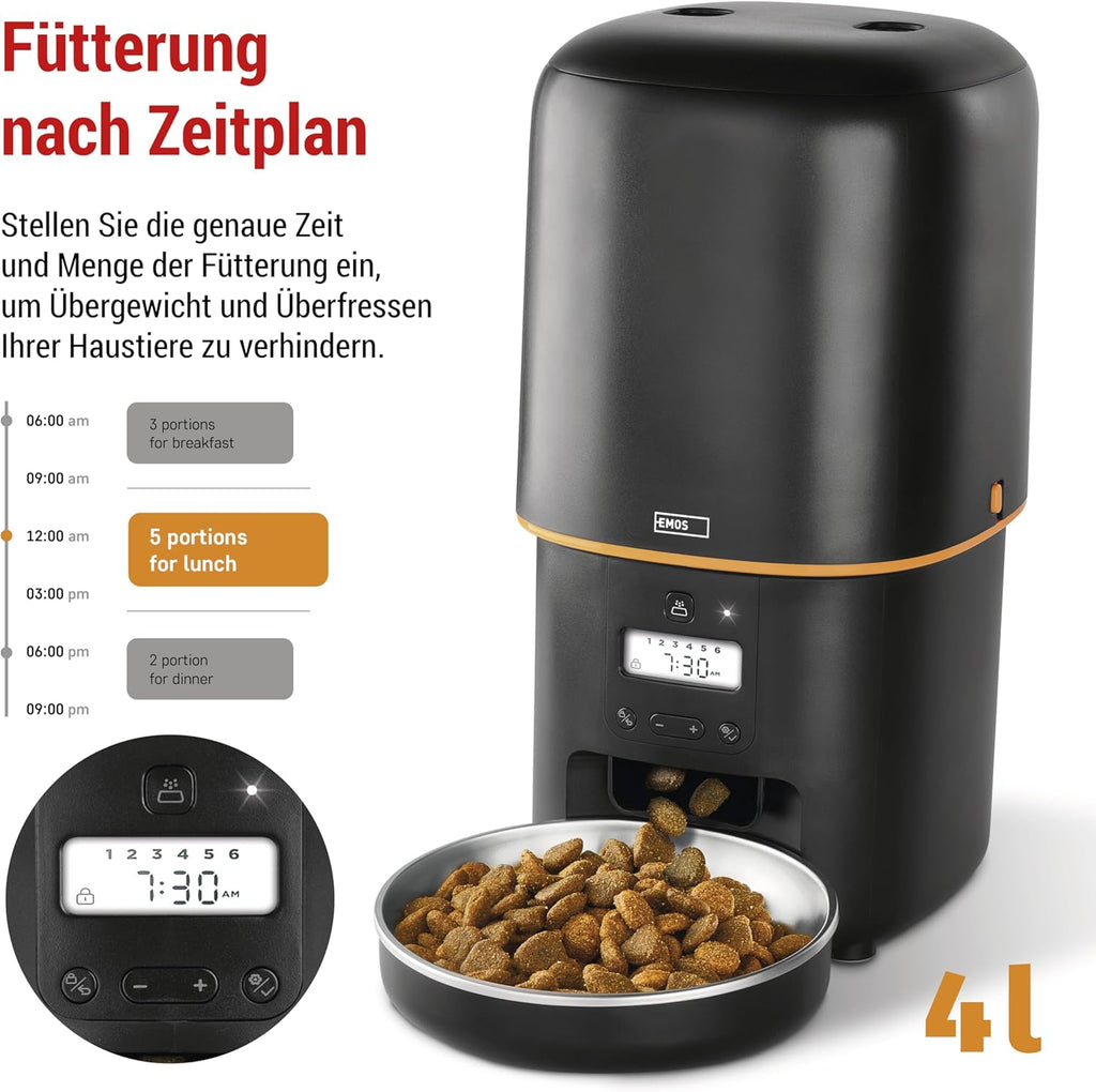 EMOS - GoSmart Futterautomat 6 l mit Kamera - WLAN Pet Care Futterspender mit App - Trockenfutter Automat für Katze & Hund mit Zeitplan, Sprachaufzeichnung, Dosierung 1–12 Mahlzeiten pro Tag - Schwarz