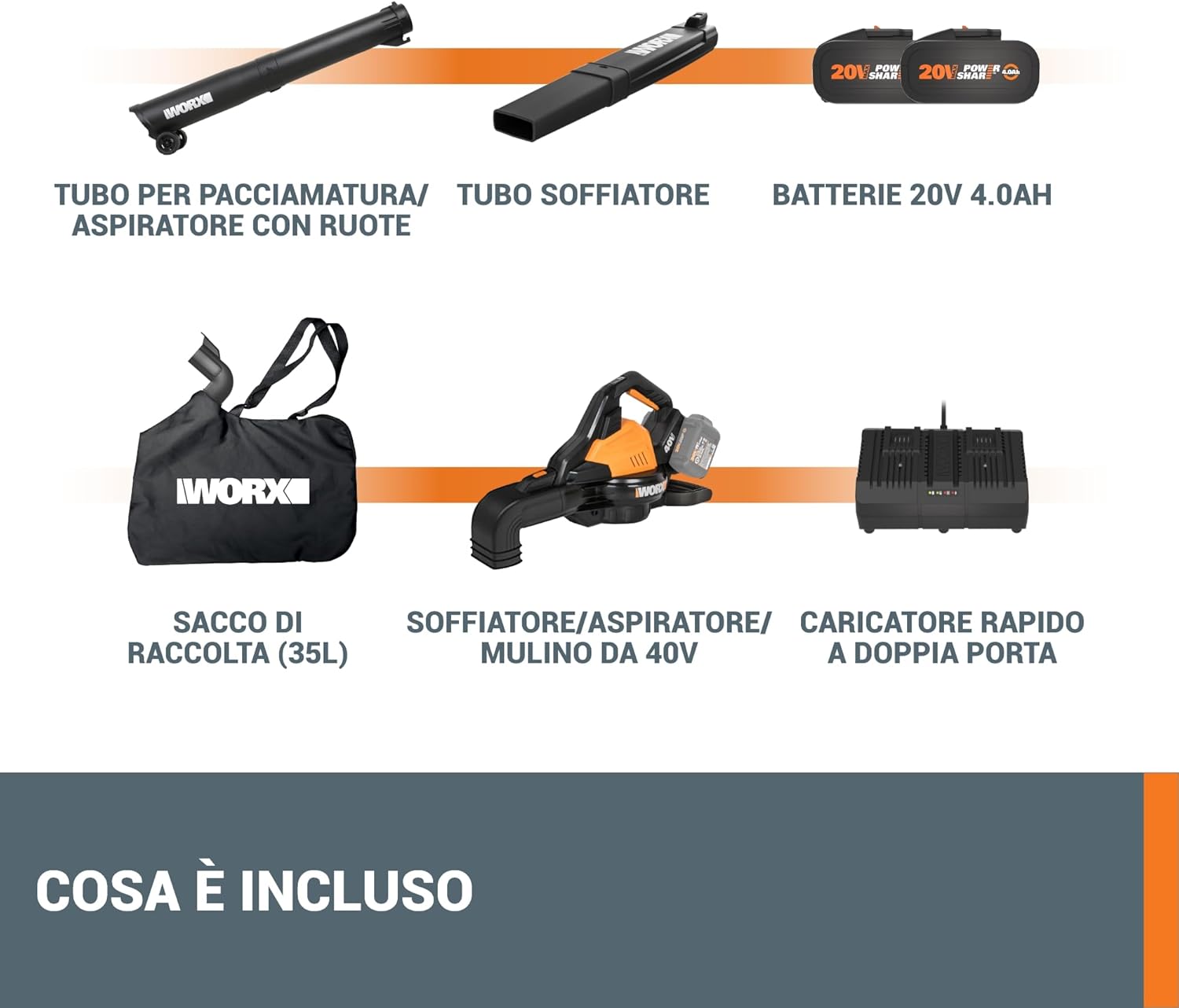 WORX WG583E.9 Soffiatore/Aspiratore per Foglie a Batteria 40V (2x20V) - 2 in 1 per Spazzare e Aspirare le Foglie - Sacco di Raccolta da 35L - Senza Batteria e Caricabatterie, Nero / Arancione