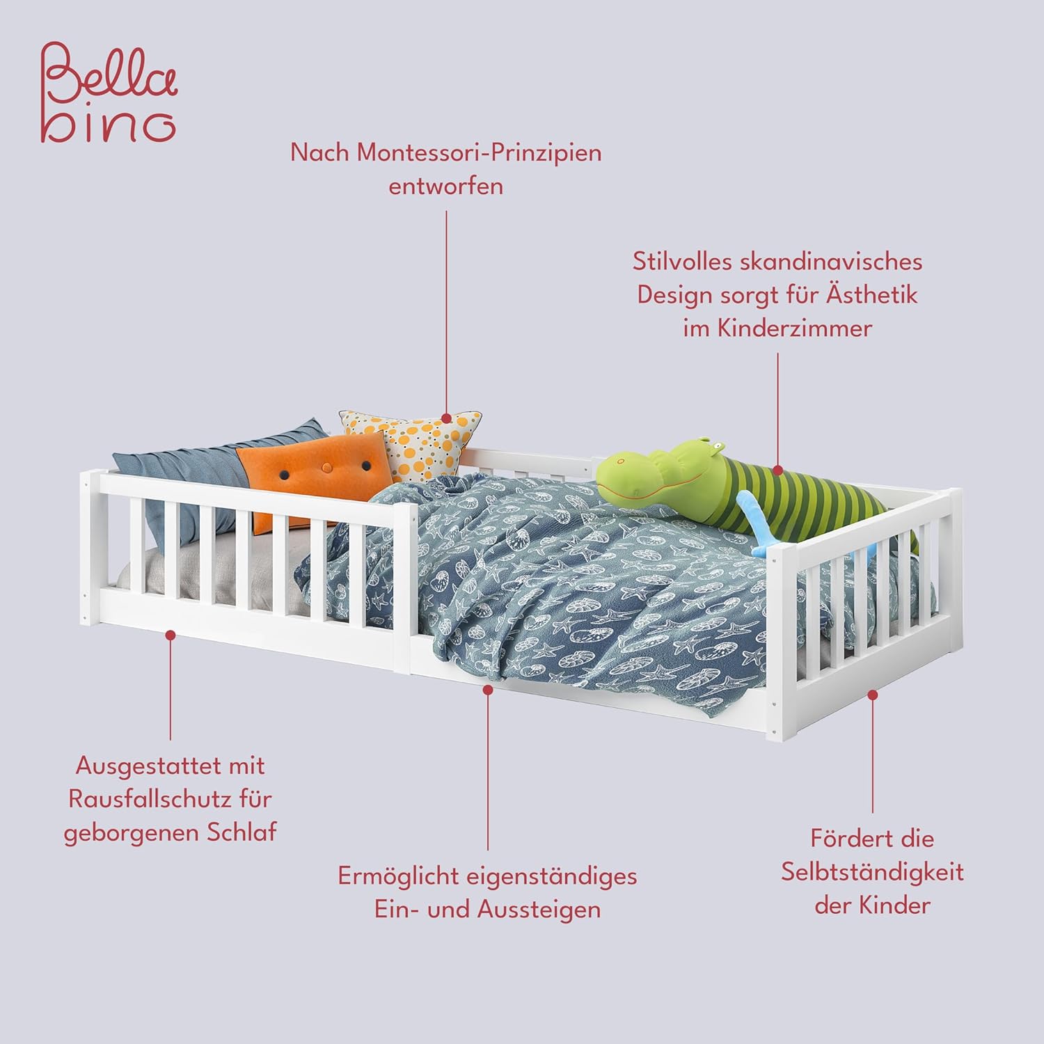 Bellabino Vere Letto a Pavimento 140x200 Montessori, Letto Matrimoniale con Protezione Anticaduta e Rete a Doghe, Letto per Bambini e Bambine in Legno Massello di Pino Bianco con Sbarre