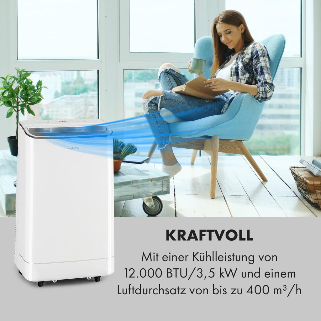 Klarstein Condizionatore Portatile 3 in 1 con Tubo di Scarico, Ventilatore, Deumidificatore e Modalità Notte, Climatizzatore Piccolo e Portatile per Casa e Ufficio, 12000 BTU Basso Consumo
