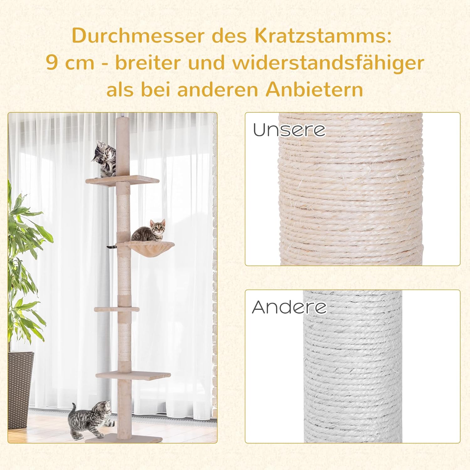PawHut Katzenbaum mit Laufrad 4-Stock Kratzbaum Katzenhaus mit Sisalsäulen Katzenhöhle Kiefernholz Natur 80 x 50 x 143 cm