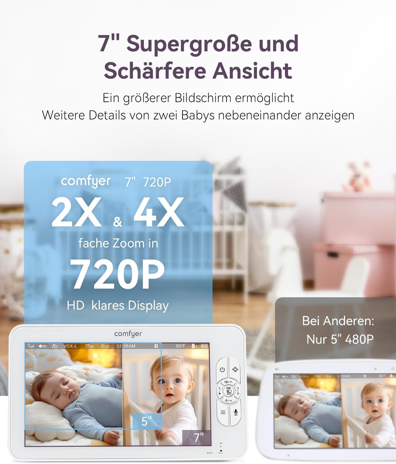 Comfyer Baby Monitor Video Split-Screen con 2 Telecamere, 7" HD 720P Telecamera Nido Wireless con Staffa, Visione Notturna IR, Obiettivo Grandangolare, Modalità Vox, Audio a 2 Vie, Portata di 300 Metri
