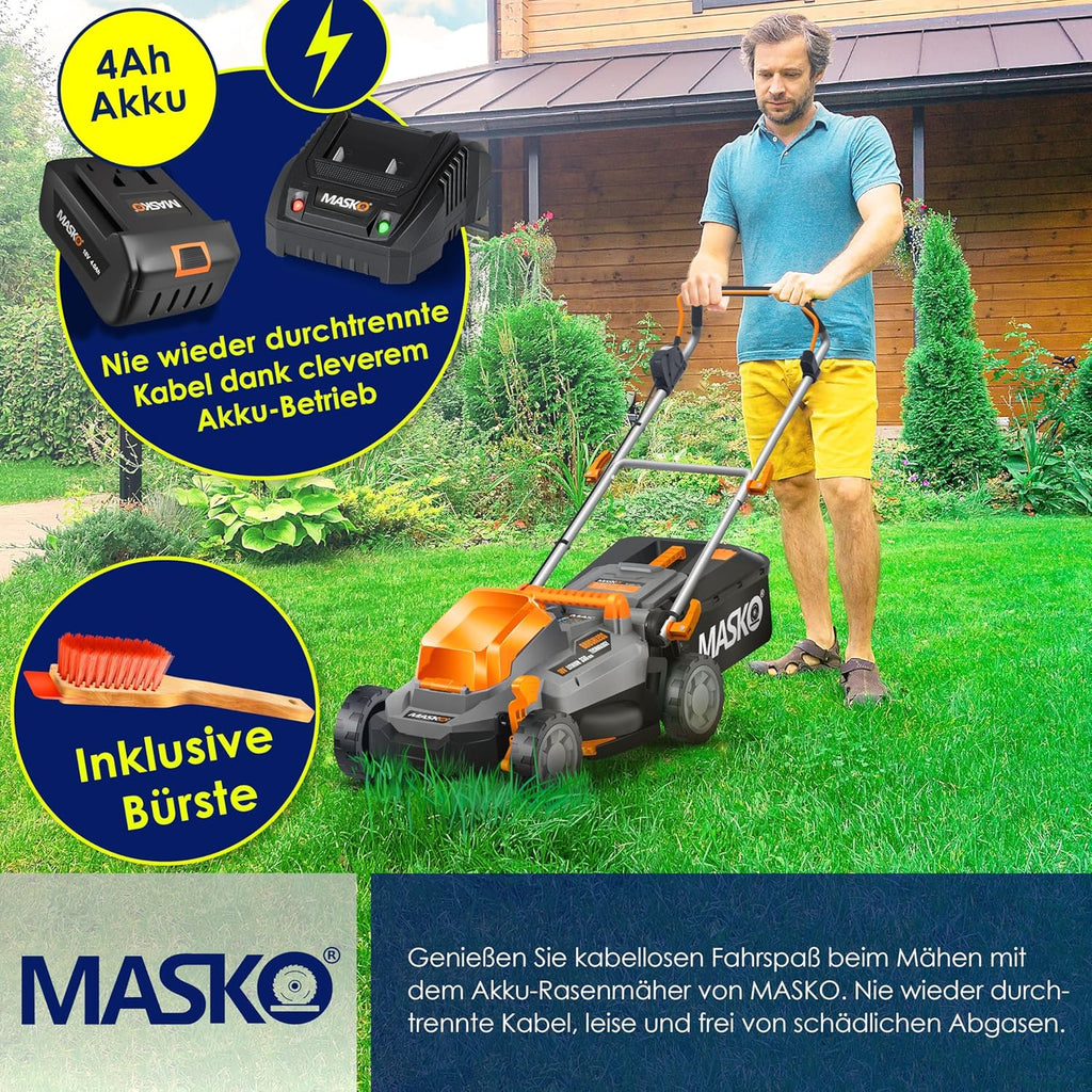 MASKO® Akku Rasenmäher mit Mulchfunktion inkl. 2X Akkus Li-Ion Batterie 4Ah & Doppel-Ladegerät – Rasentrimmer Schnittbreite 37cm, 6-fache 25-75mm Schnitthöhenverstellung Fangkorb 40L bis 600m² Flächen