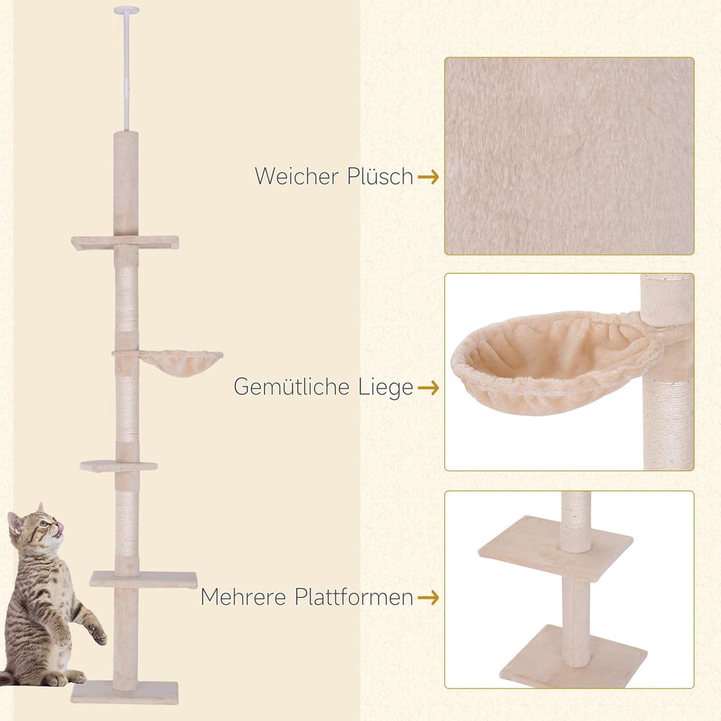 PawHut Katzenbaum mit Laufrad 4-Stock Kratzbaum Katzenhaus mit Sisalsäulen Katzenhöhle Kiefernholz Natur 80 x 50 x 143 cm