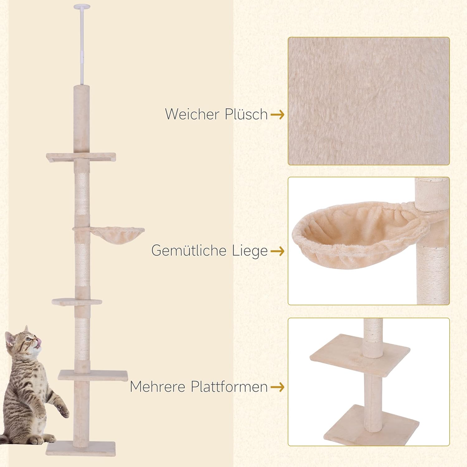 PawHut Katzenbaum mit Laufrad 4-Stock Kratzbaum Katzenhaus mit Sisalsäulen Katzenhöhle Kiefernholz Natur 80 x 50 x 143 cm