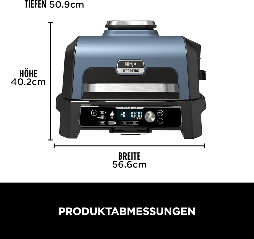 Ninja Woodfire Barbecue Elettrico & Affumicatore & Friggitrice ad Aria, Barbecue da Esterno 7-in-1, Frigge ad Aria, Affumica, Arrostisce, Cuoce al Forno e Altro, Resistente alle Intemperie, Antiaderente, Portatile, Elettrico, Grigio/Nero OG701EU