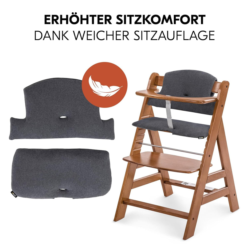 hauck Alpha Plus Newborn Set mit Premium Bouncer Dark Grey - Baby Holz Hochstuhl ab Geburt mit Liegefunktion - extra flacher Aufsatz für Neugeborene & Baumwoll Sitzpolster - Grau