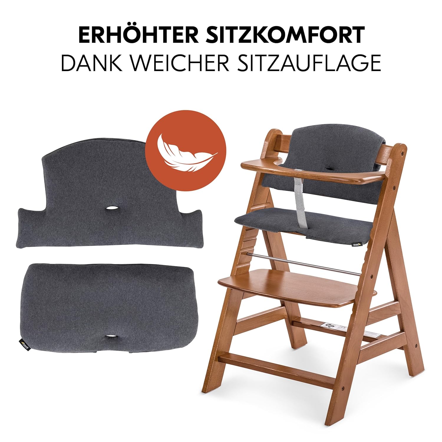 hauck Alpha Plus Newborn Set mit Premium Bouncer Dark Grey - Baby Holz Hochstuhl ab Geburt mit Liegefunktion - extra flacher Aufsatz für Neugeborene & Baumwoll Sitzpolster - Grau