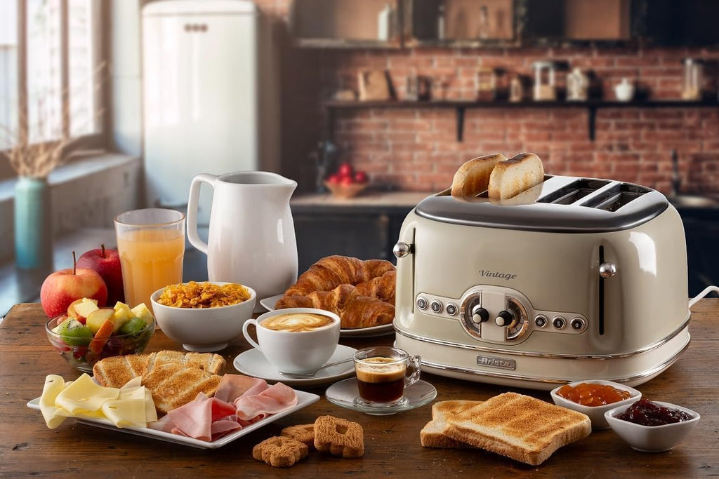 Ariete Vintage 156, 4-Scheiben-Toaster, Retro Toaster mit 6 Toaststufen, Automatischer Auswurf, Auftaufunktion, Herausnehmbares Krümelfach, Gehuse aus Edelstahl, 1600W, Beige
