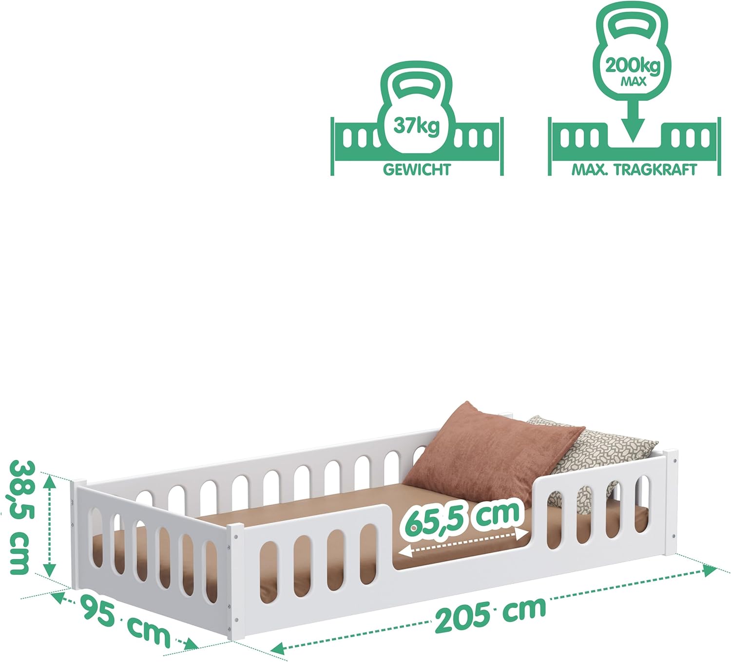 CADANI Monte Letto a terra 2in1 140x200 cm Lettino Montessori con sponda di protezione rimovibile - bianco, 46 kg, portata fino a 200 kg, rete a doghe arrotolabile extra robusta, trasformabile