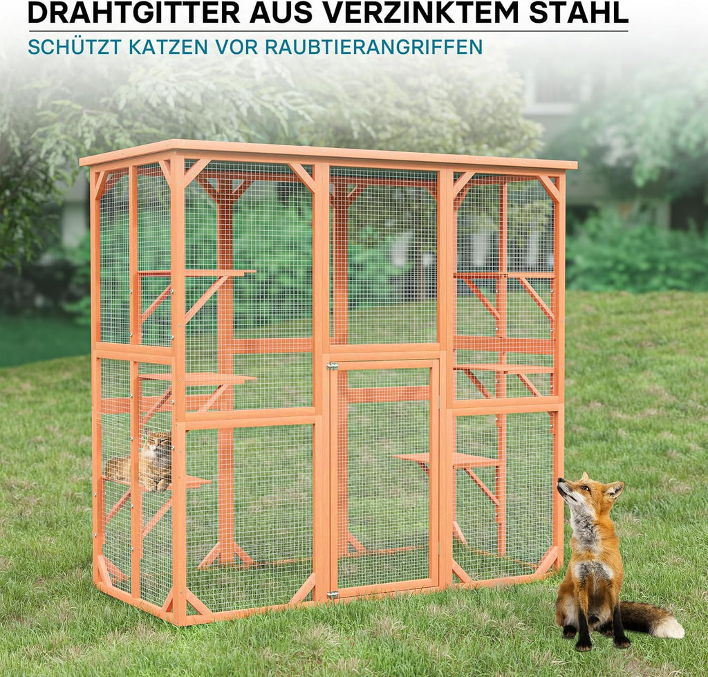 Wiltec Recinto esterno per gatti 168 x 82 x 166,5 cm con 6 piattaforme, gabbia per gatti da giardino resistente alle intemperie, cuccia per gatti con rete metallica e tetto in bitume