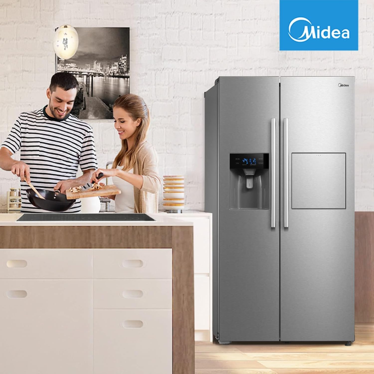 Midea KS-DDX 6.32 WT Frigorifero Side-by-Side con Congelatore/Altezza 178,8 cm/254 kWh/anno/No Frost/Compressore Dual Inverter/con Distributore di Acqua e Ghiaccio 3-in-1 e Serbatoio d'Acqua, Inox Scuro