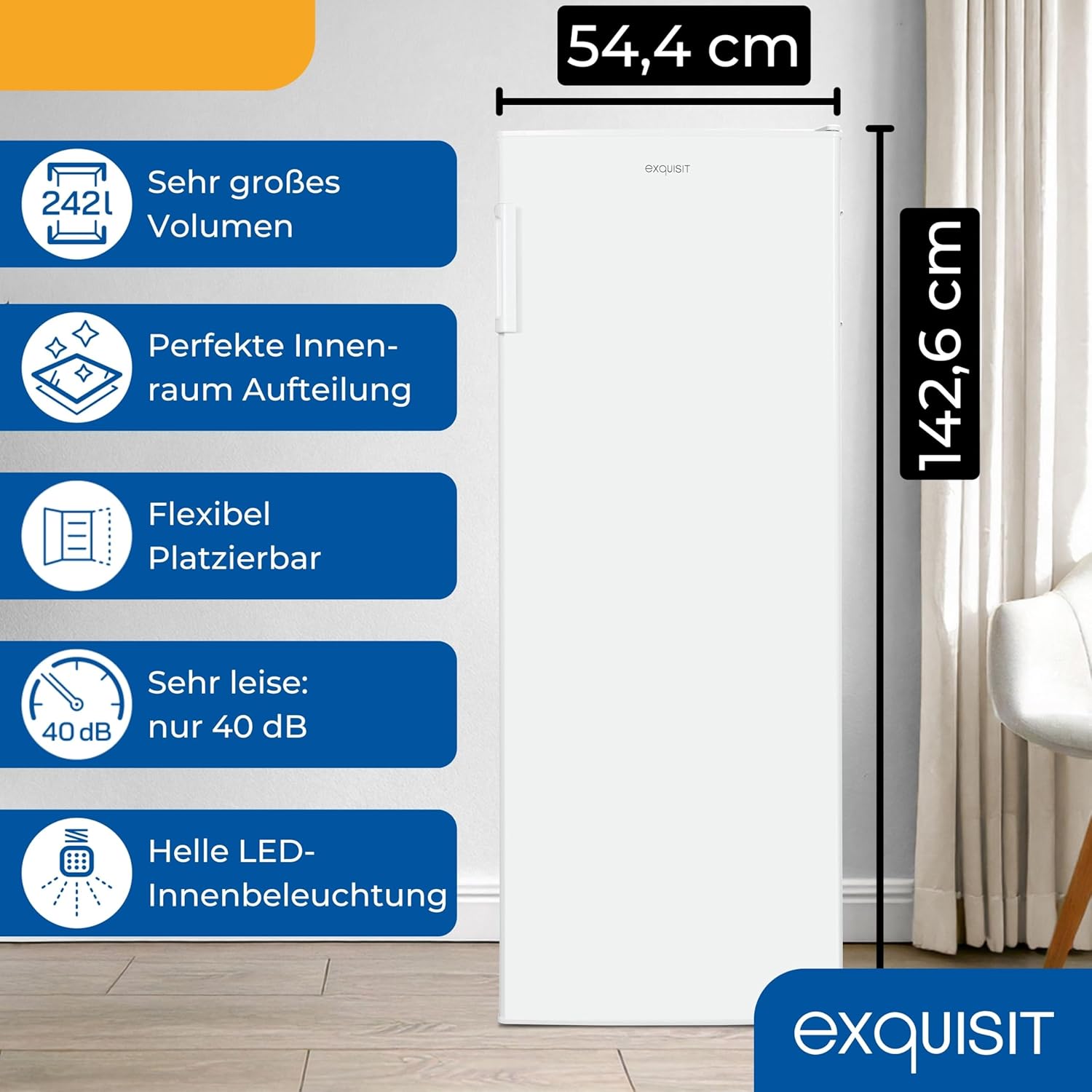 Exquisit Frigorifero senza Congelatore, Grande Frigorifero, 5 Ripiani, 242 Litri, Frigorifero a Pieno Volume alto 143 cm, KS5320-V-H-040E bianco