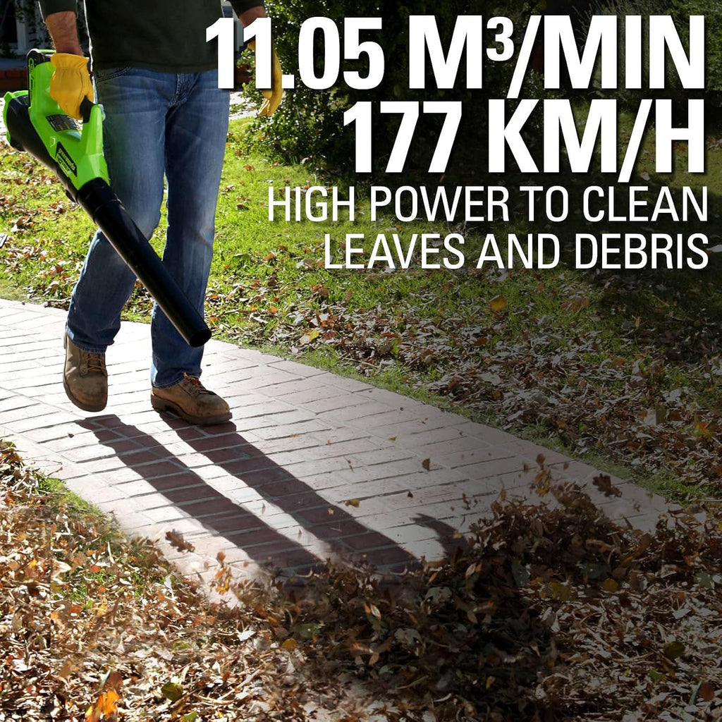 Greenworks GD40ABK2X Axial Akku Laubbläser mit bürstenlosem Motor, 210 km/h, 15,6 m³/min, zwei 40V 2Ah Akkus & Ladegerät, 3 Jahre Garantie