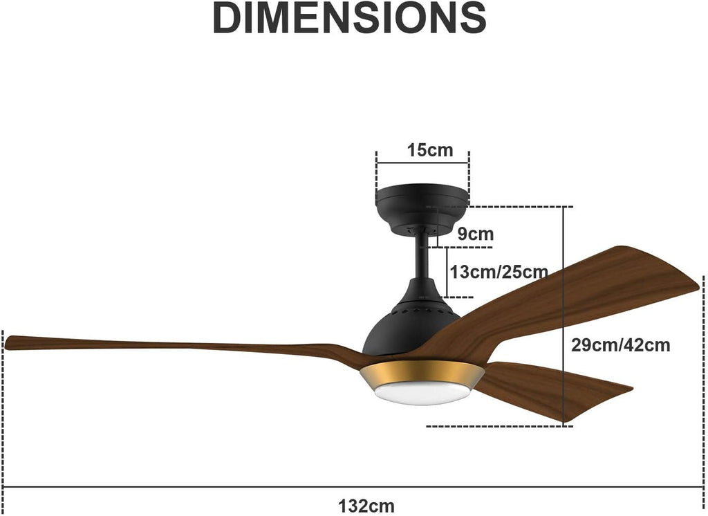 reiga Ventilatore da soffitto WiFi 132 CM con illuminazione a LED dimmerabile e telecomando, 3 temperature di colore, motore DC 6 velocità, compatibile con l'App Alexa Google Home, legno e marrone