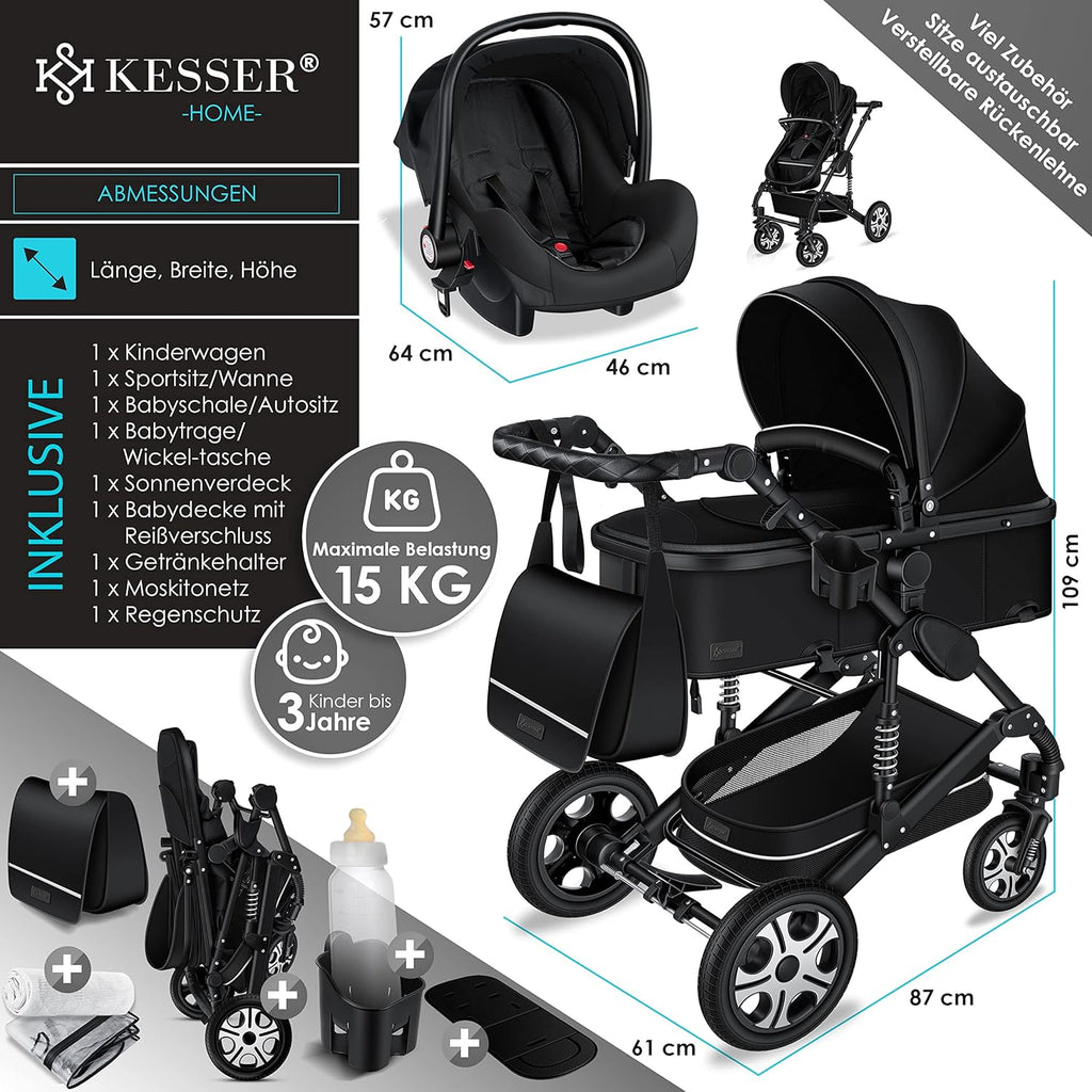 KESSER® Loops Passeggino Trio 3 in 1, Set Completo con Navicella, Seduta Passeggino e Seggiolino Auto Ovetto, Ruote in Gomma Piena, Borsa Fasciatoio, Parapioggia, Tavolino, ECE R129, Nero/Champagne