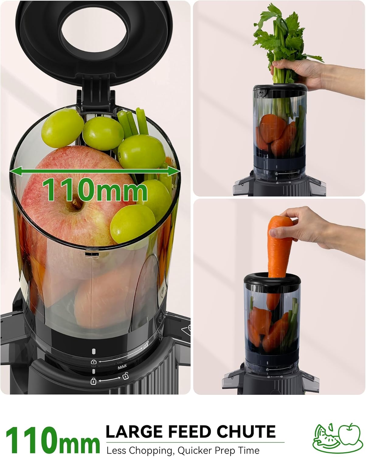 ACOQOOS Spremiagrumi, Spremiagrumi per Frutta e Verdura con imboccatura da 110 mm, Spremiagrumi a Bassa Velocità Facile da Pulire con 2 Tazze Nero