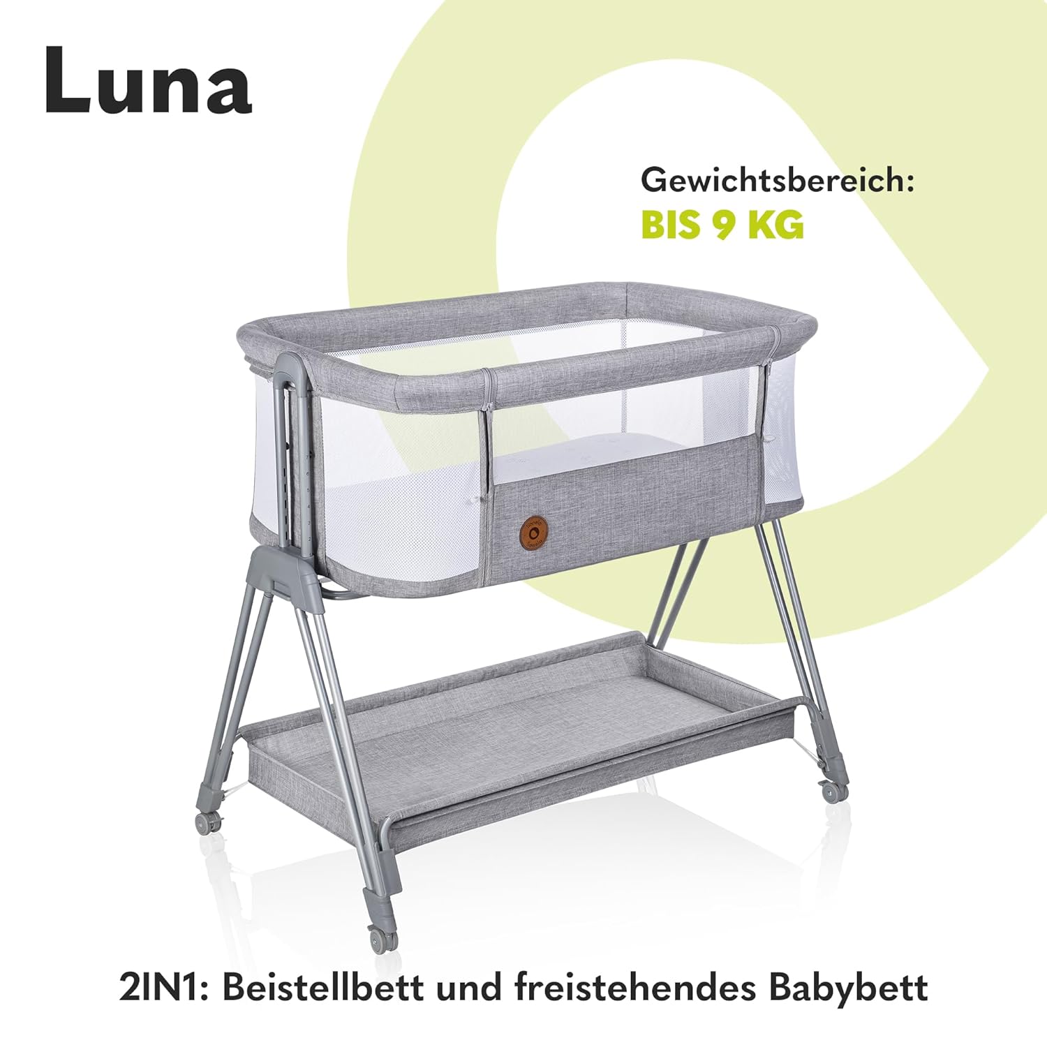 Lionelo Luna EIN tragbares Beistellbett mit Einer Matratze, reisebett, von Neugeboren bis 9 kg, in der Höhe und der Neigung verstellbar, 4 Rädern mit Bremse, Befestigung zum Elternbett (Beige)