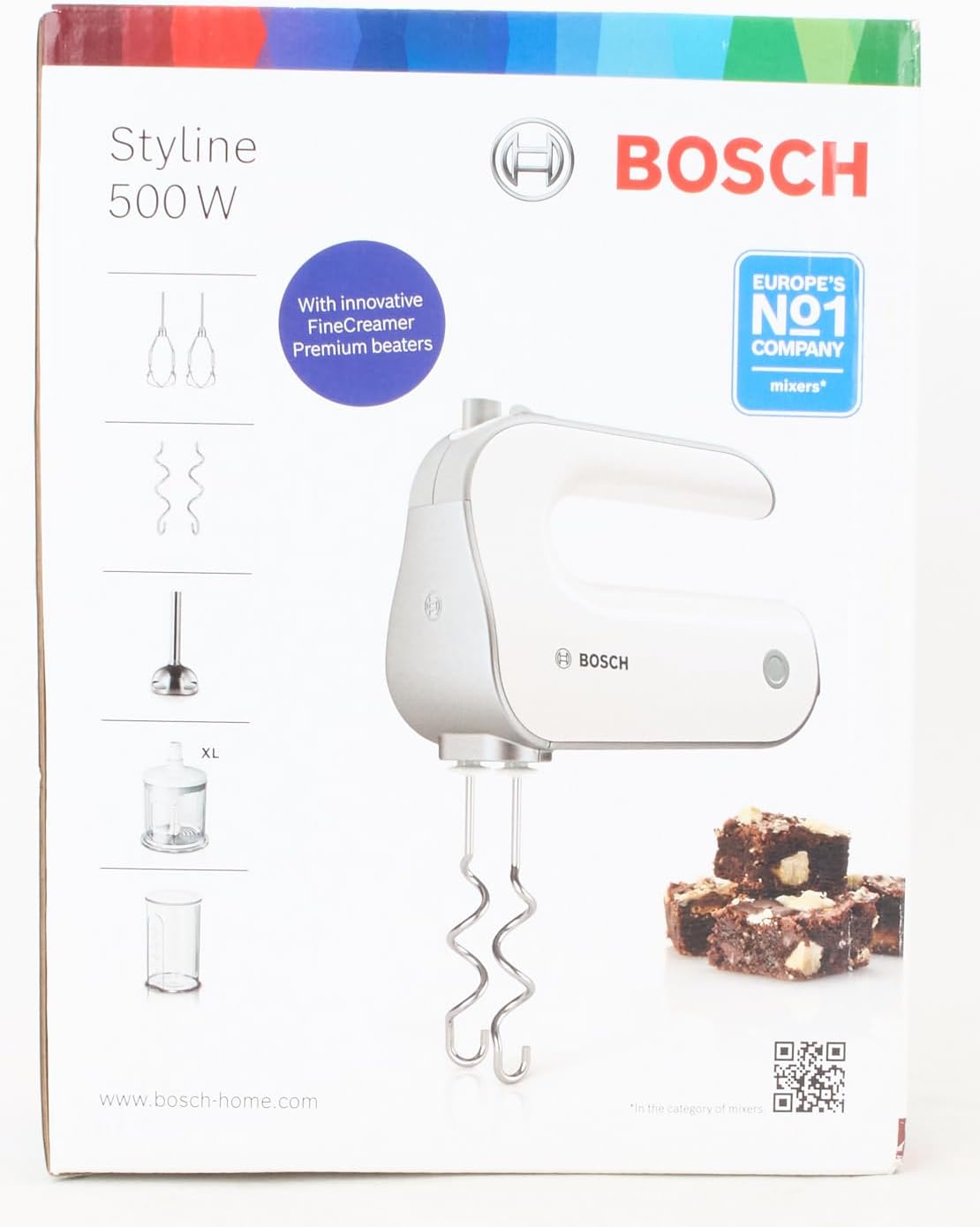 Bosch Hausgerte Handrührer Styline MFQ4080, 2 Rührbesen, 2 Edelstahl-Knethaken, spülmaschinengeeignet, Zerkleinerer, Pürierstab, 5 Stufen plus Turbostufe, 500 W, wei/silber