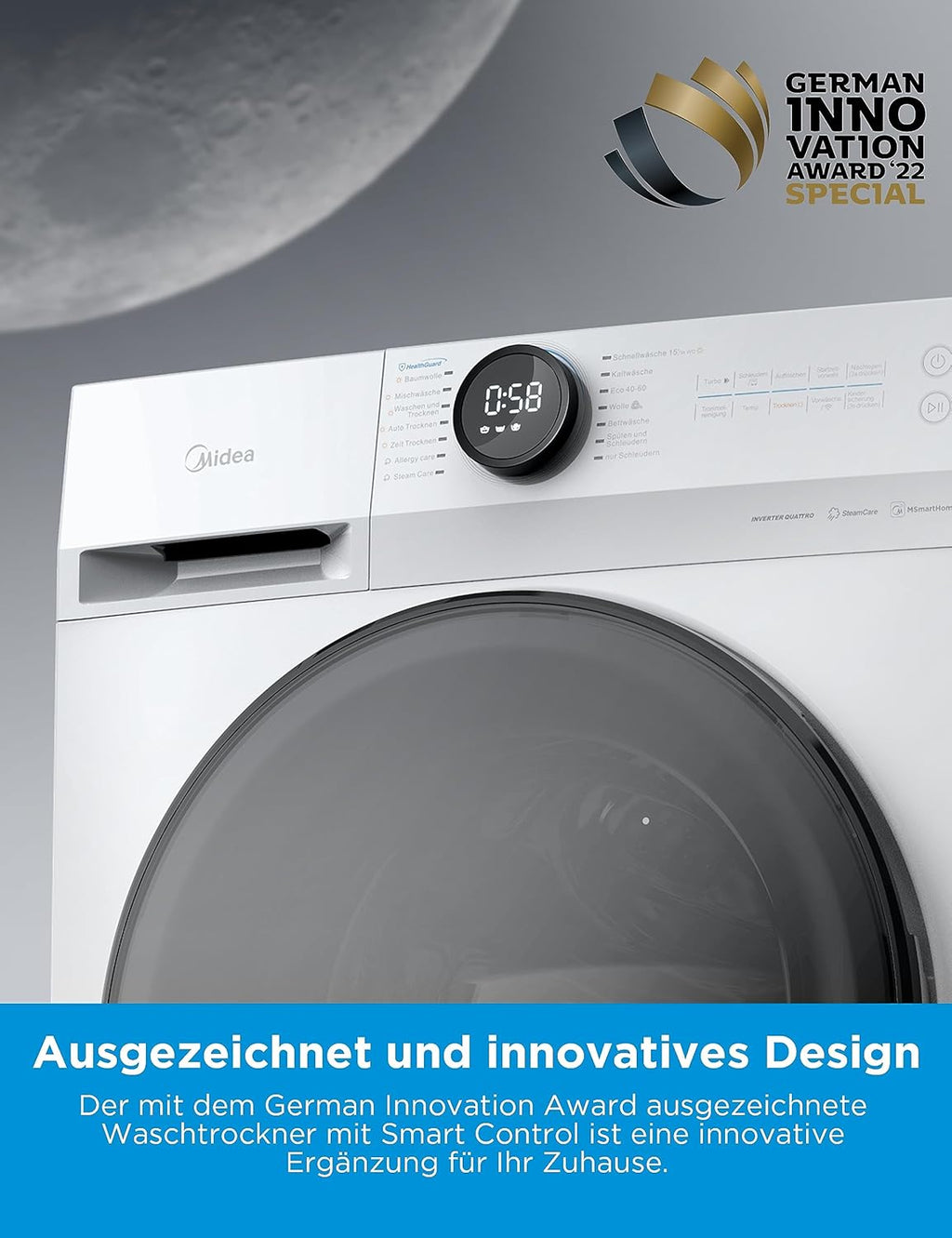 Lavasciuga Midea MF200D86WB-14EAS, 8/6kg lavaggio/asciugatura, Motore Inverter, Refresh, 60 min. Lavaggio e Asciugatura, Steam Care, Turbo Wash, 48 cm profondità, Controllo APP, AquaStop