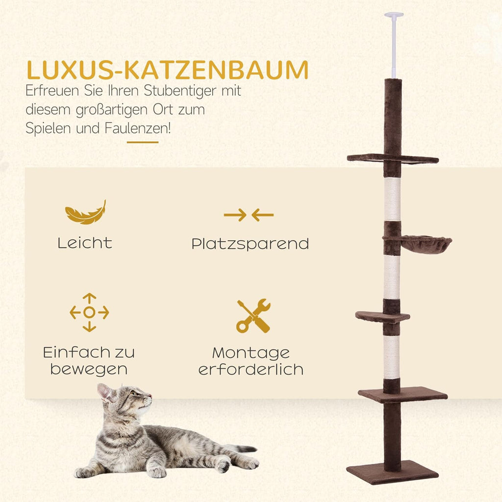 PawHut Katzenbaum mit Laufrad 4-Stock Kratzbaum Katzenhaus mit Sisalsäulen Katzenhöhle Kiefernholz Natur 80 x 50 x 143 cm