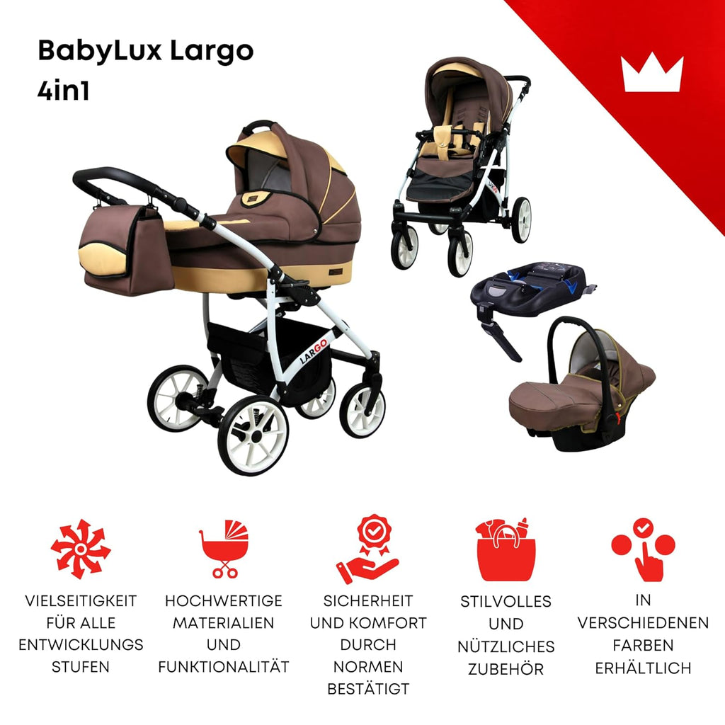 BabyLux Largo 2-in-1 Baby Kinderwagen Tief und Kinderwagen mit Zubehör Verstellbar und faltbar Aluminiumkonstruktion Wasserdicht Nicht abnehmbare Räder Brown Cream White Frame