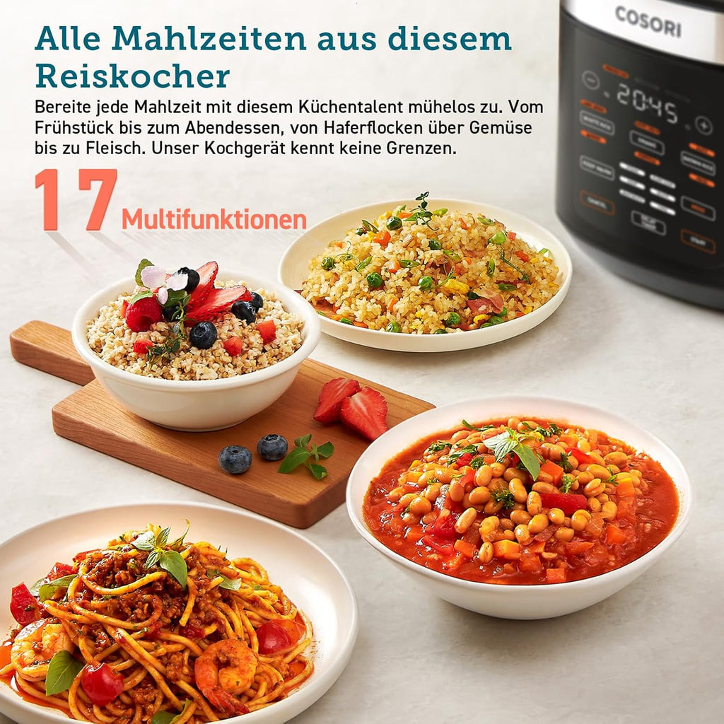 COSORI Cuociriso, Multicooker con 17 Programmi, Cuociriso 1,8 L, Fuzzy-Logic, Vaporiera con Inserto in Acciaio Inossidabile, Ricettario, Slow Cooker, Pentola Interna Premium, Funzione Mantenimento in Caldo, Timer, Nero