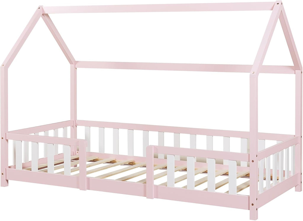 [en.casa] Letto per bambini Sisimiut a capanna 80 x 160 cm con protezione anticaduta letto in legno per bambini letto a terra rete a doghe in legno di pino Bianco opaco