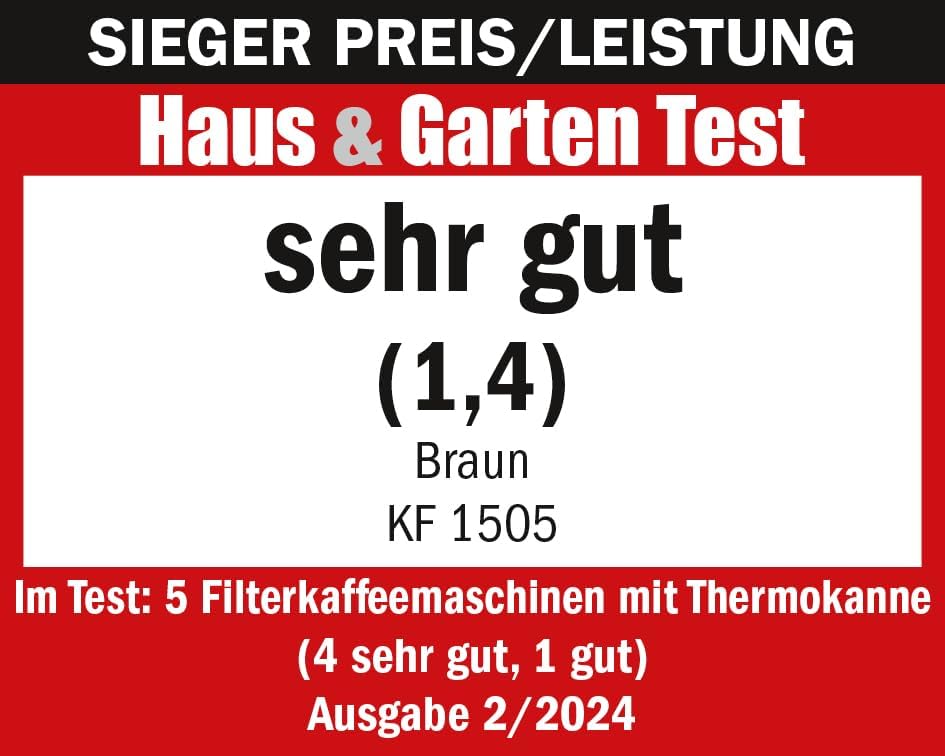 Braun PurShine KF1505 BK Filterkaffeemaschine, 1,2L Edelstahl-Thermokanne für bis zu 9 Tassen, OptiBrew-System, Tropf-Stopp-Funktion, schwenkbarer Filterkorb, Automatische Abschaltung, 1000W, Schwarz