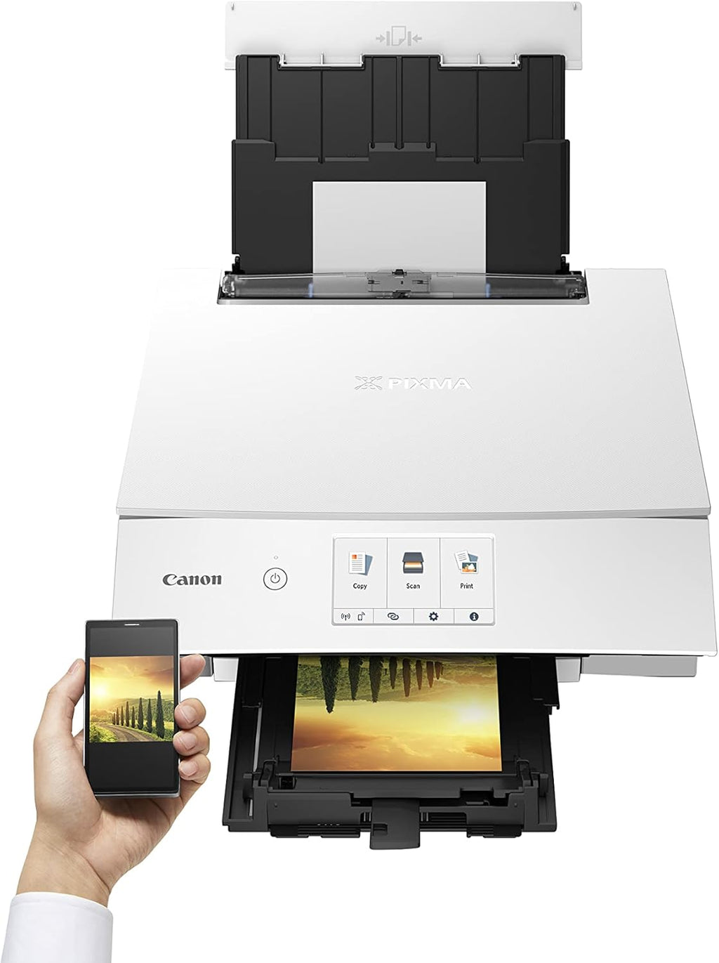 Canon PIXMA TS8351a Stampante multifunzione a getto d'inchiostro a colori DIN A4 (scanner, fotocopiatrice, 4.800 x 1.200 dpi, 6 inchiostri separati, USB, WLAN, AirPrint, stampa fronte/retro, 2 alimentatori carta, 5 GHz), bianco