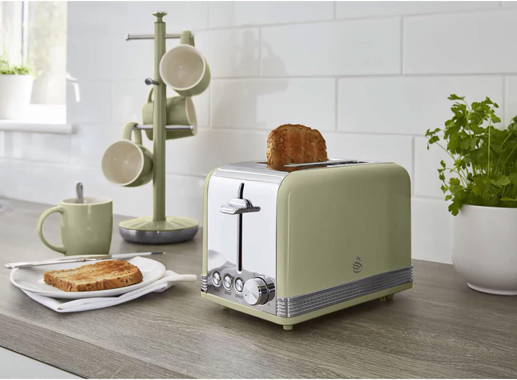 Swan Retro Set Colazione, Bollitore 1,8 l, Tostapane a 2 Fessure Larghe, Microonde Digitale 20 l, 6 Livelli di Potenza, Timer, Sportello a Specchio, Design Vintage, Verde, Taglia Unica