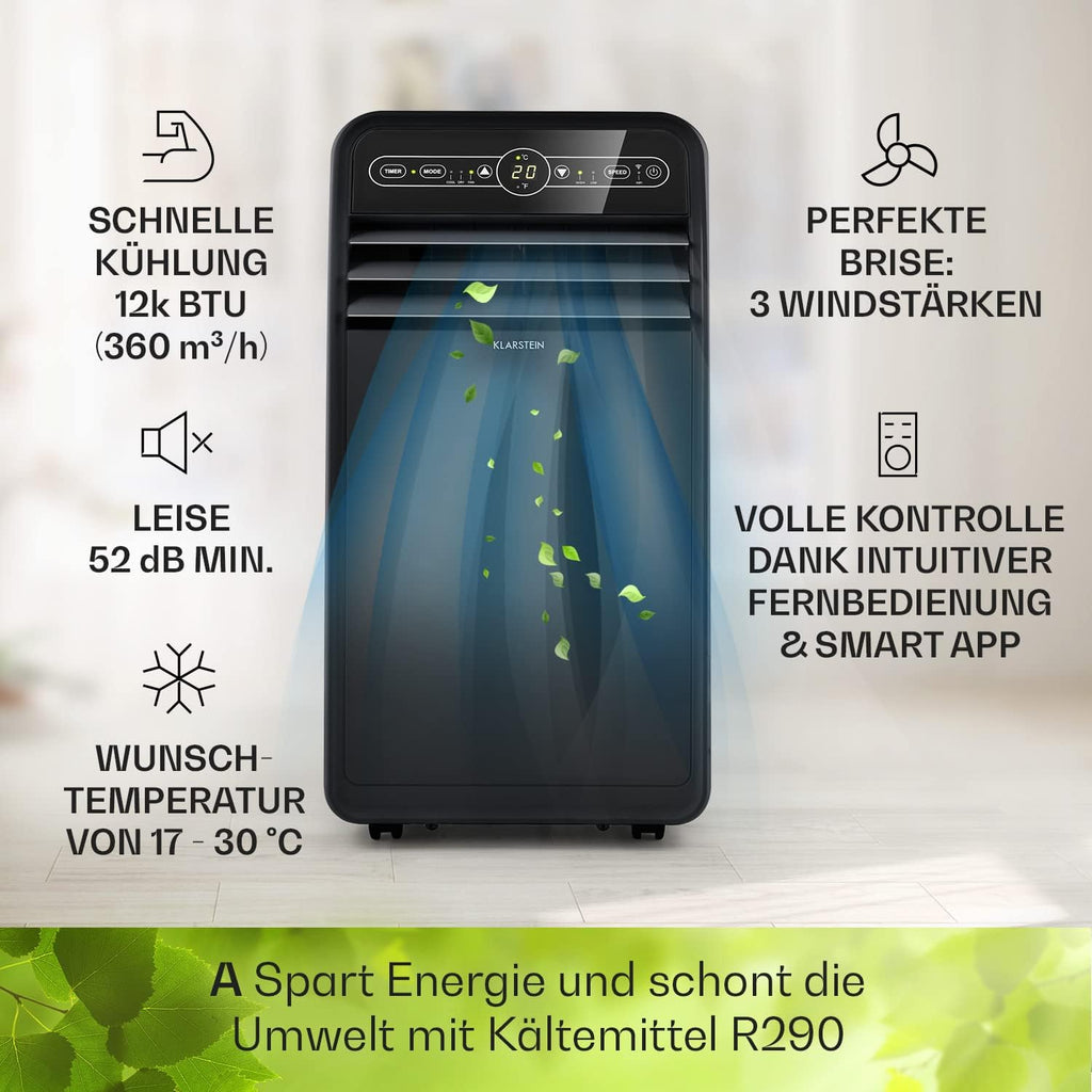Klarstein Climatizzatore Portatile con Tubo di Scarico, Condizionatore 4-in-1 con Ventilatore, Deumidificatore e Modalità Notturna, Piccolo e Portatile per Casa e Ufficio, Controllo tramite App, 12000 BTU