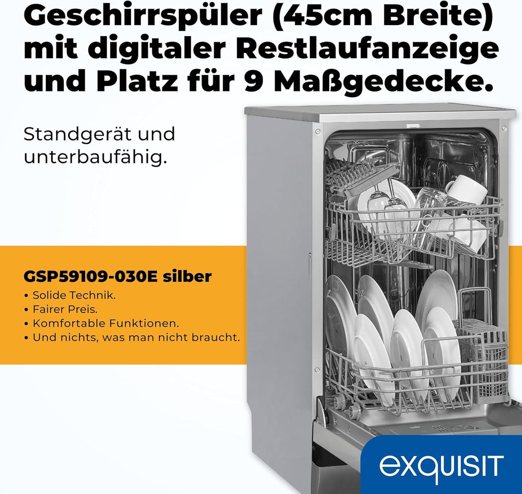 Exquisit Lavastoviglie, 9 Coperti, Lavastoviglie 45 cm, Power+, Modalità ECO, Lavastoviglie 45 cm, GSP59109-030E argento
