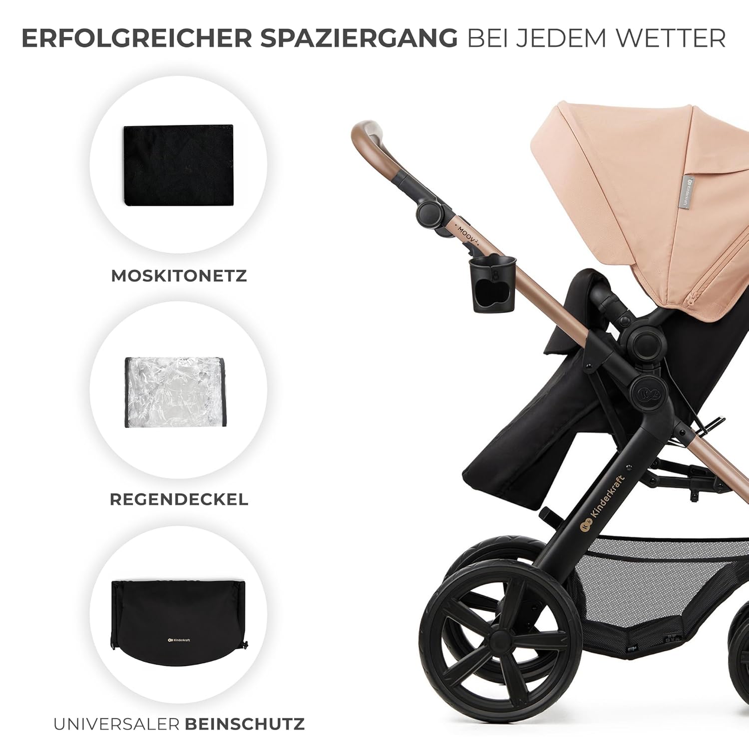 Kinderkraft MOOV2 AIR Passeggino 3 in 1, Set da 26 kg con seggiolino auto I-SIZE 40-75 cm, funzione passeggino, schienale reclinabile, ampia cappottina estensibile, ruote gonfiabili, grigio