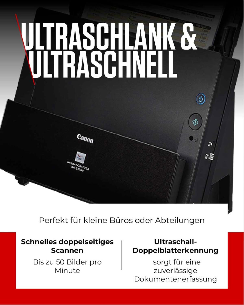 Canon DR-C225 II - Scanner di documenti imageFORMULA (duplex, alimentazione, colore, 600dpi, 25 ppm, PDF OCR, compatto, nero)