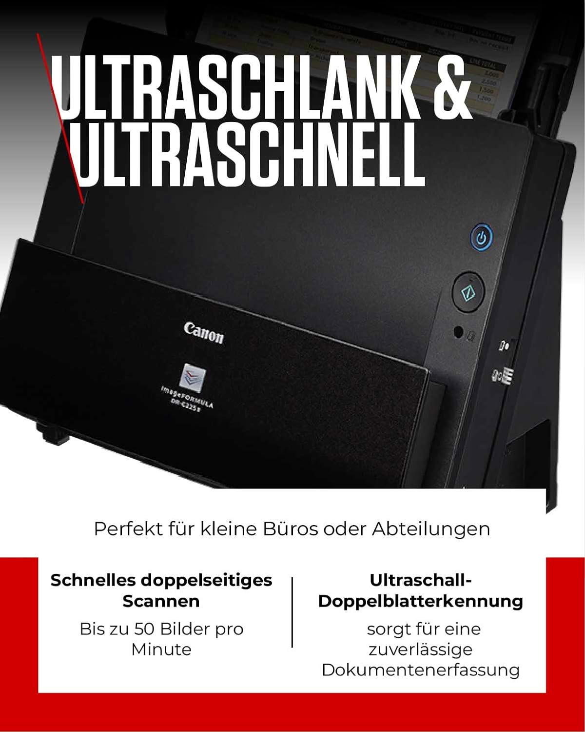 Canon DR-C225 II - Scanner di documenti imageFORMULA (duplex, alimentazione, colore, 600dpi, 25 ppm, PDF OCR, compatto, nero)
