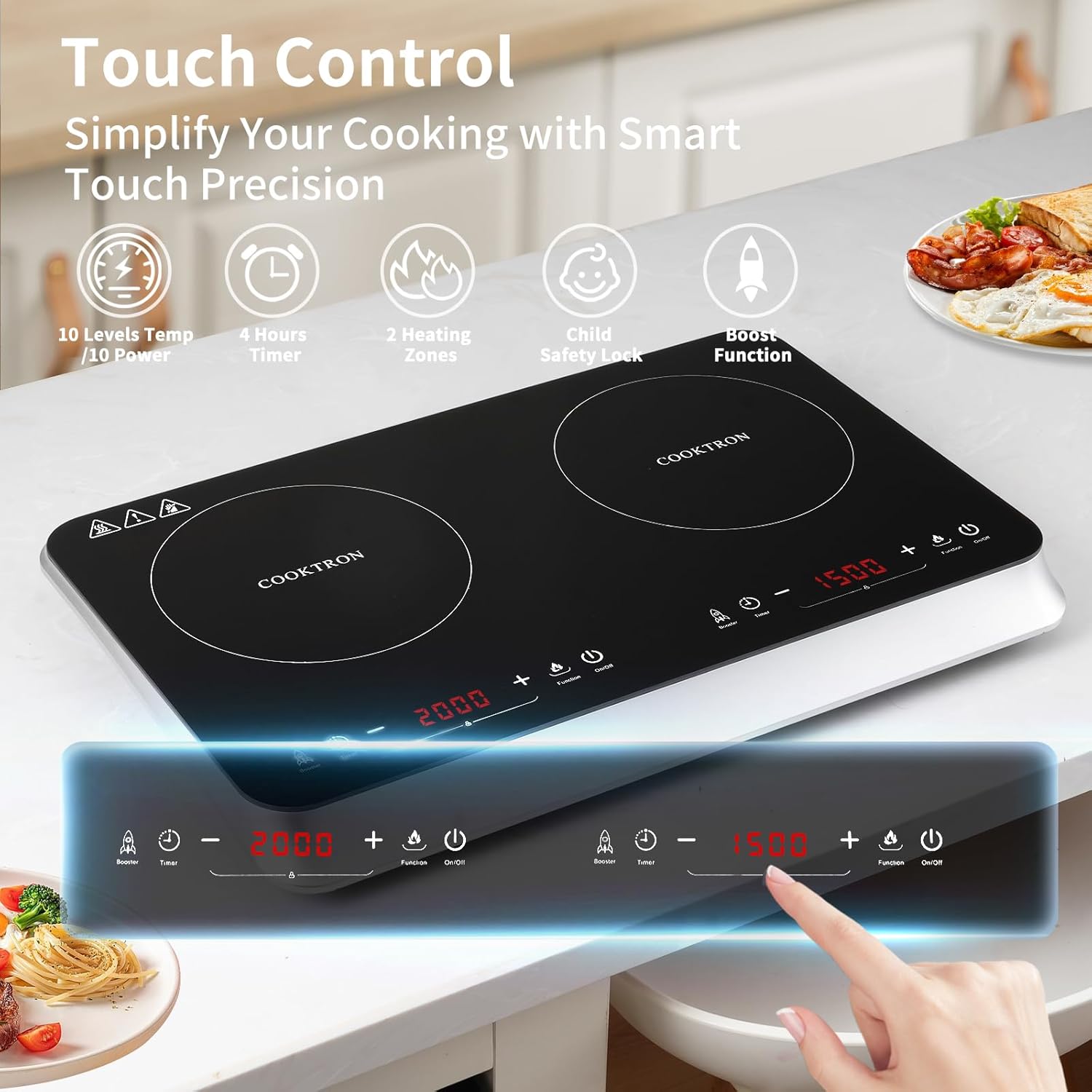 COOKTRON piano cottura a induzione a 2 fuochi, doppio piano cottura a induzione 3500W, 10 livelli di temperatura, 9 livelli di potenza, funzione Booster, timer di 4 ore, controllo touch, Nero