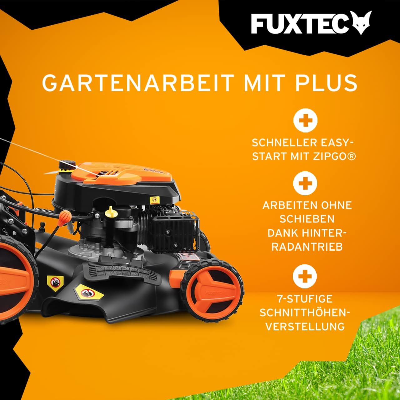 FUXTEC Tosaerba a Benzina 4in1 FX-RM5196eSPRO con Avviamento Elettrico e Trazione Regolabile, Rasaerba con Paraurti Anteriore, Larghezza di Taglio 51 cm, Ruote Big Wheel con Cuscinetti a Sfera, Cesto Raccoglierba da 60L