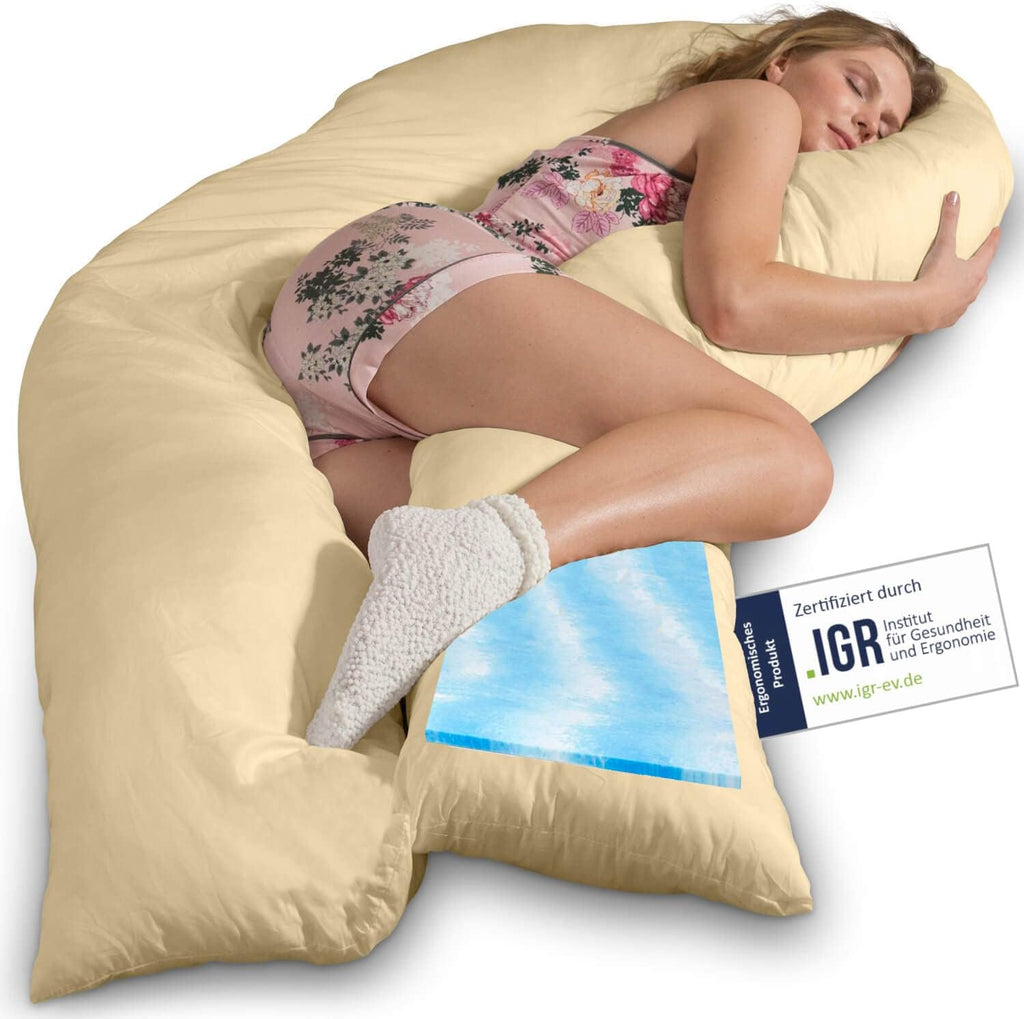 Traumreiter Visco XXL Seitenschläferkissen mit Bezug Baumwolle Graphit Grau, Hybrid Kissen + 1cm Memory Foam, U förmiges Schwangerschaftskissen Gel Body Pillow Komfortkissen Ergonomie Zertifiziert
