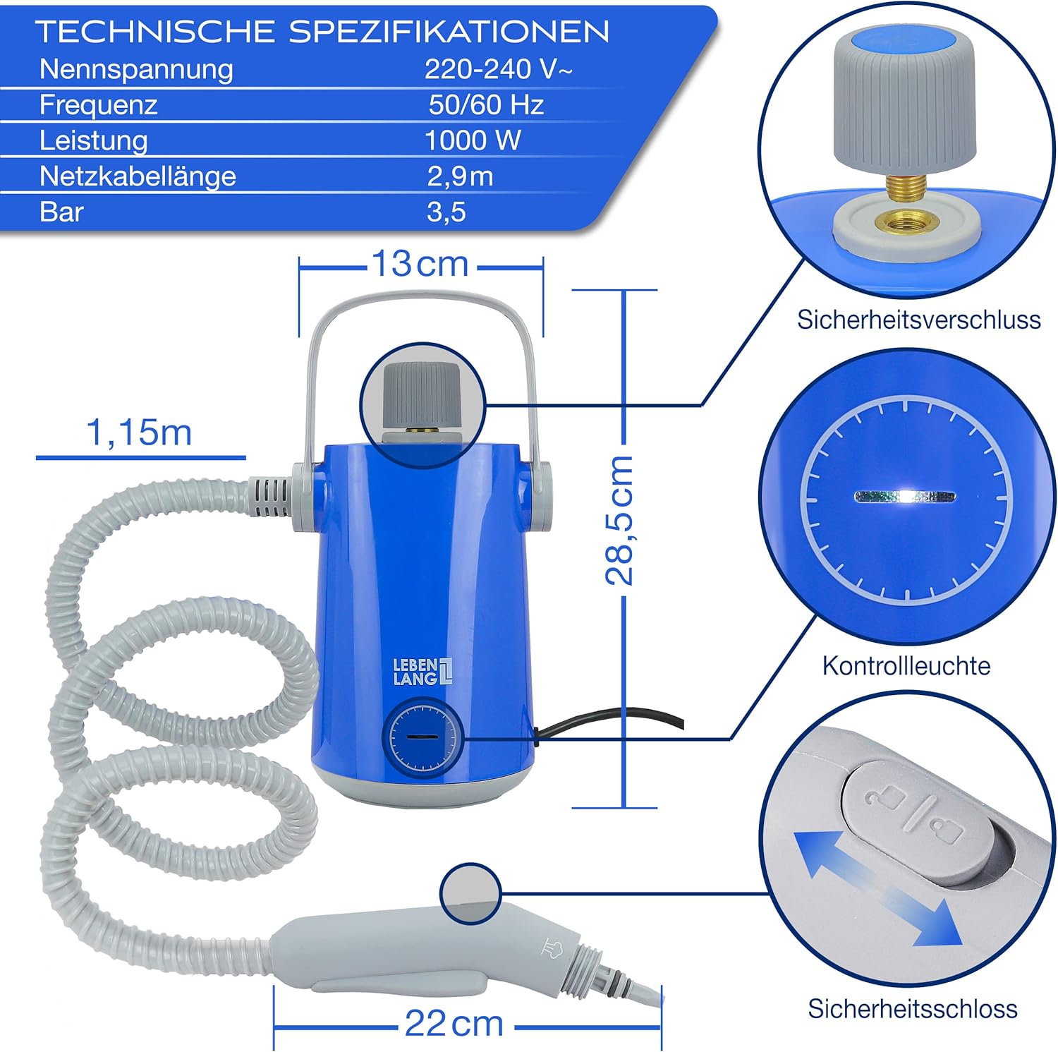 LEBENLANG Pulitore a vapore elettrico portatile, 1000W e 300ml, con 10 accessori | Pulitore a vapore portatile, pulitore a vapore per auto, fughe, per bagno, piastrelle e fughe, dispositivi, tappezzeria