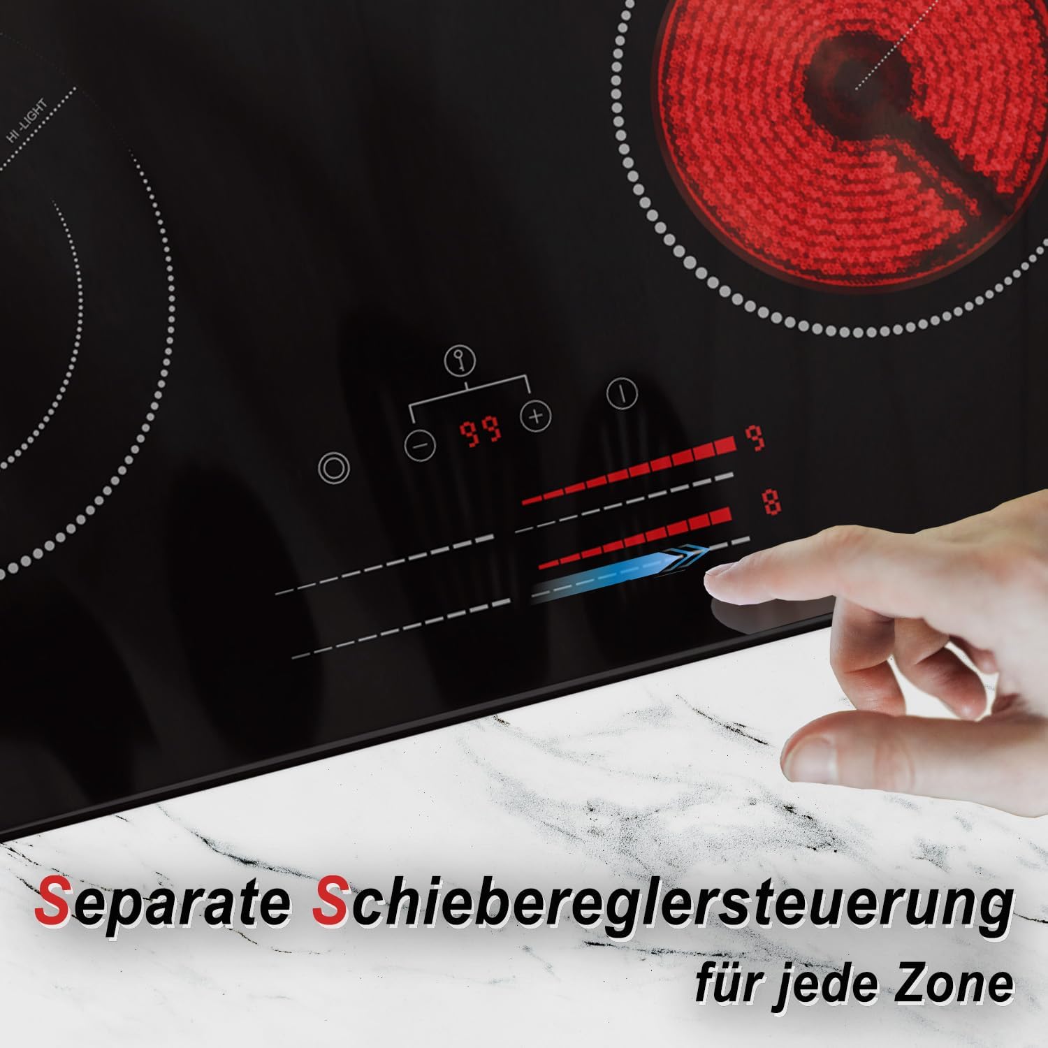 Karinear Einbau-Kochfeld aus Glaskeramik, 4 Kochfelder, mit doppelter ausziehbarer Zone, integrierter elektrischer Tisch mit Touch-Steuerung, Timer, Verriegelung für Kinder, 6600 W