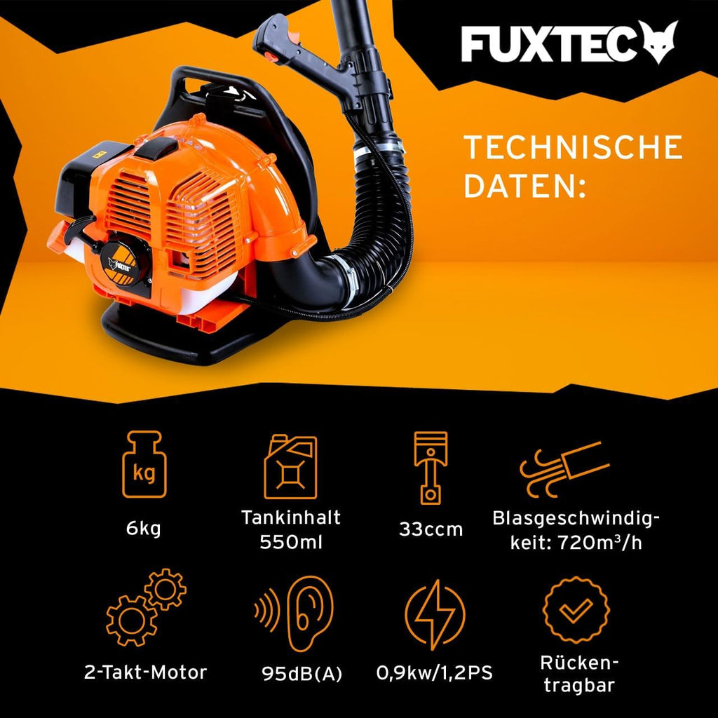 FUXTEC Soffiatore a benzina a zaino FX-LB133T – oltre 300 km/h – comodo per la schiena e portatile per grandi superfici – soffiatore a zaino, soffiatore a 2 tempi